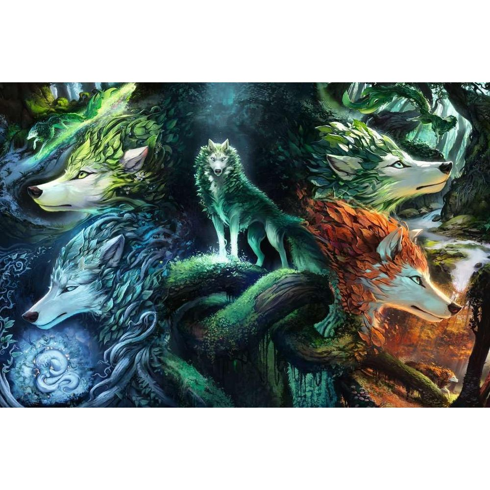 Cinq loups faits de feuilles et d'éléments dans une forêt. Un se dresse dans la lumière.