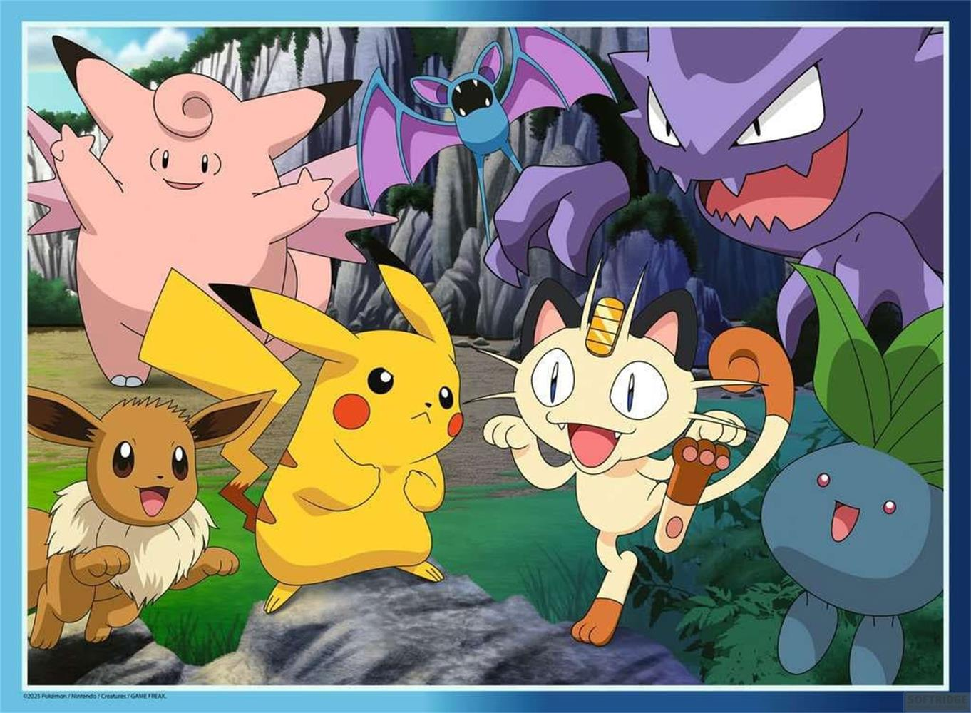 Sechs Pokémon, darunter Pikachu und Clefairy, stehen vor felsiger Kulisse.