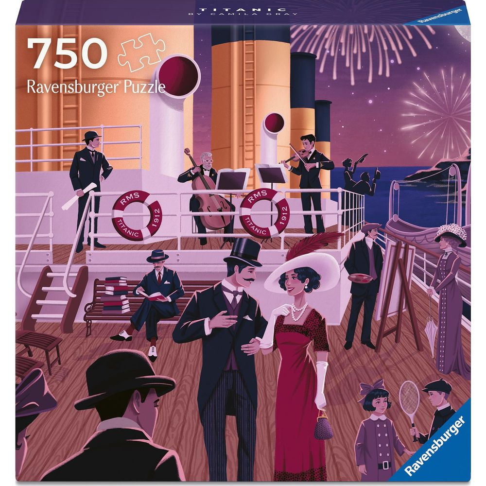 Scatola puzzle Ravensburger Titanic da 750 pezzi con persone sul ponte, musicisti e fuochi d'artificio.