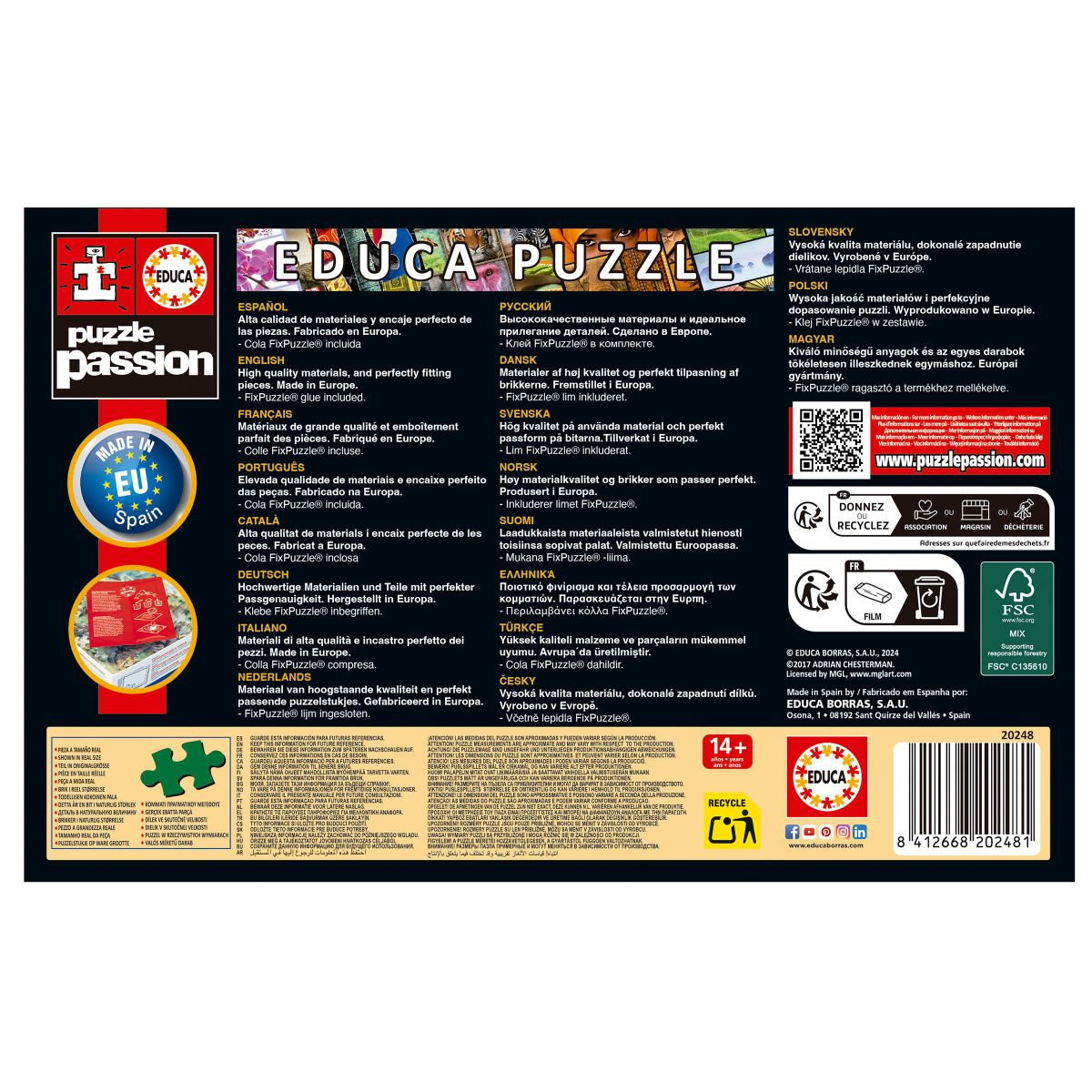 Verpackung eines Educa Puzzles mit mehrsprachigen Produktinformationen und Logos.