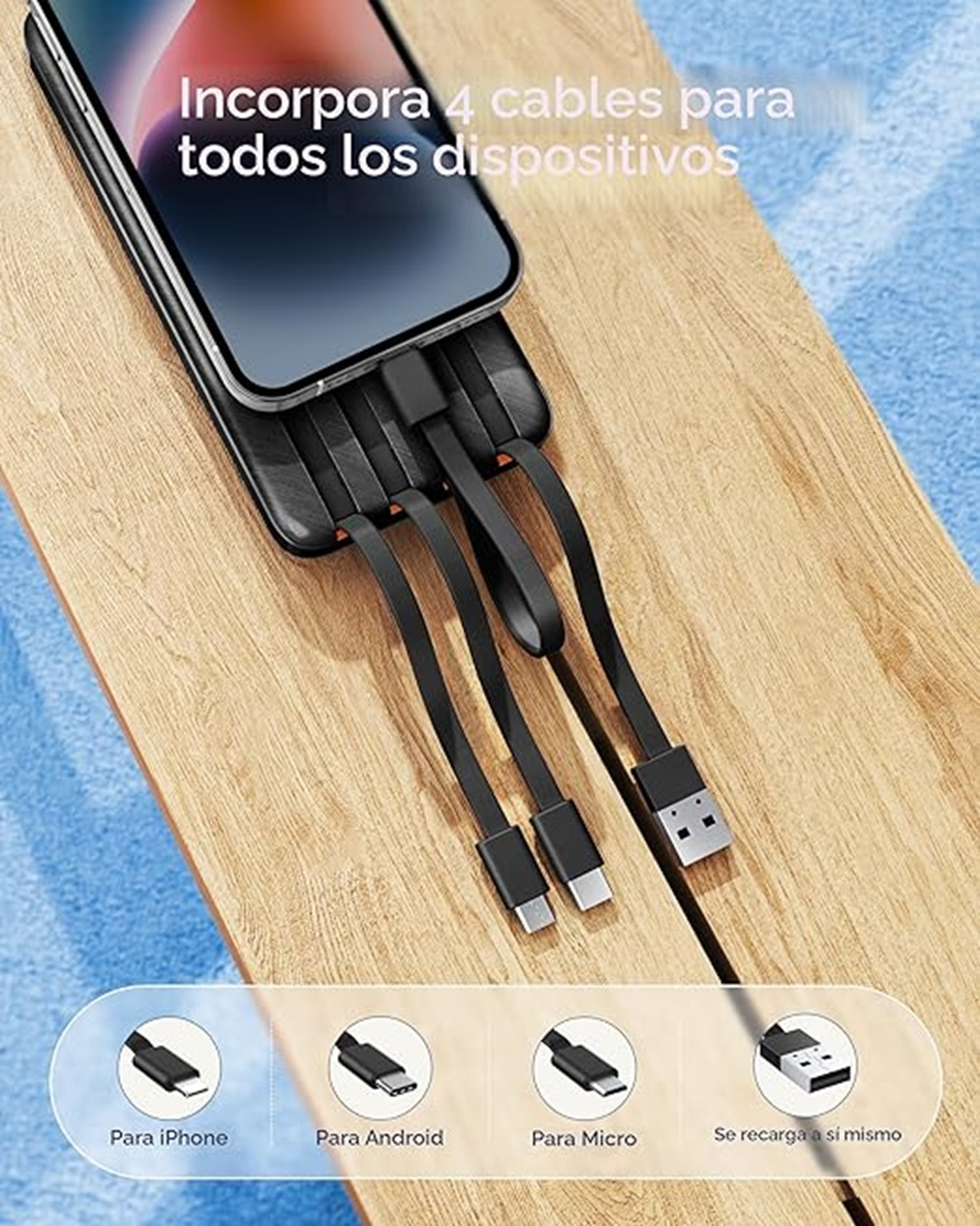 Un cable de carga negro con cuatro conectores diferentes conectado a un smartphone.
