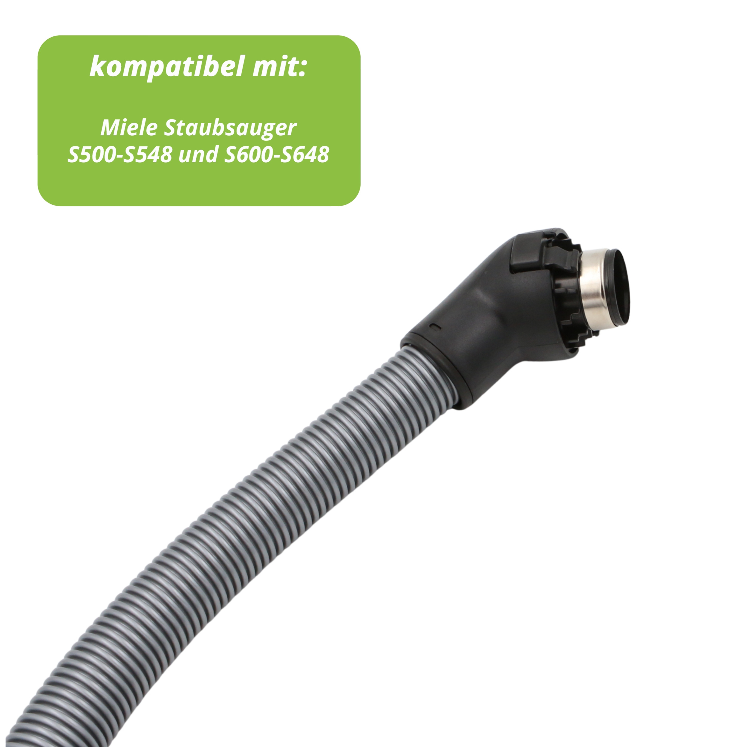 Grauer Staubsaugerschlauch mit schwarzem Griffstück und Metallring.