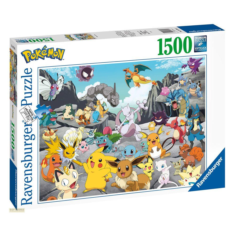 Pudełko z puzzlami Pokemon z wieloma postaciami w skalistym krajobrazie. Zawiera Pikachu, Eevee, Mewtwo.