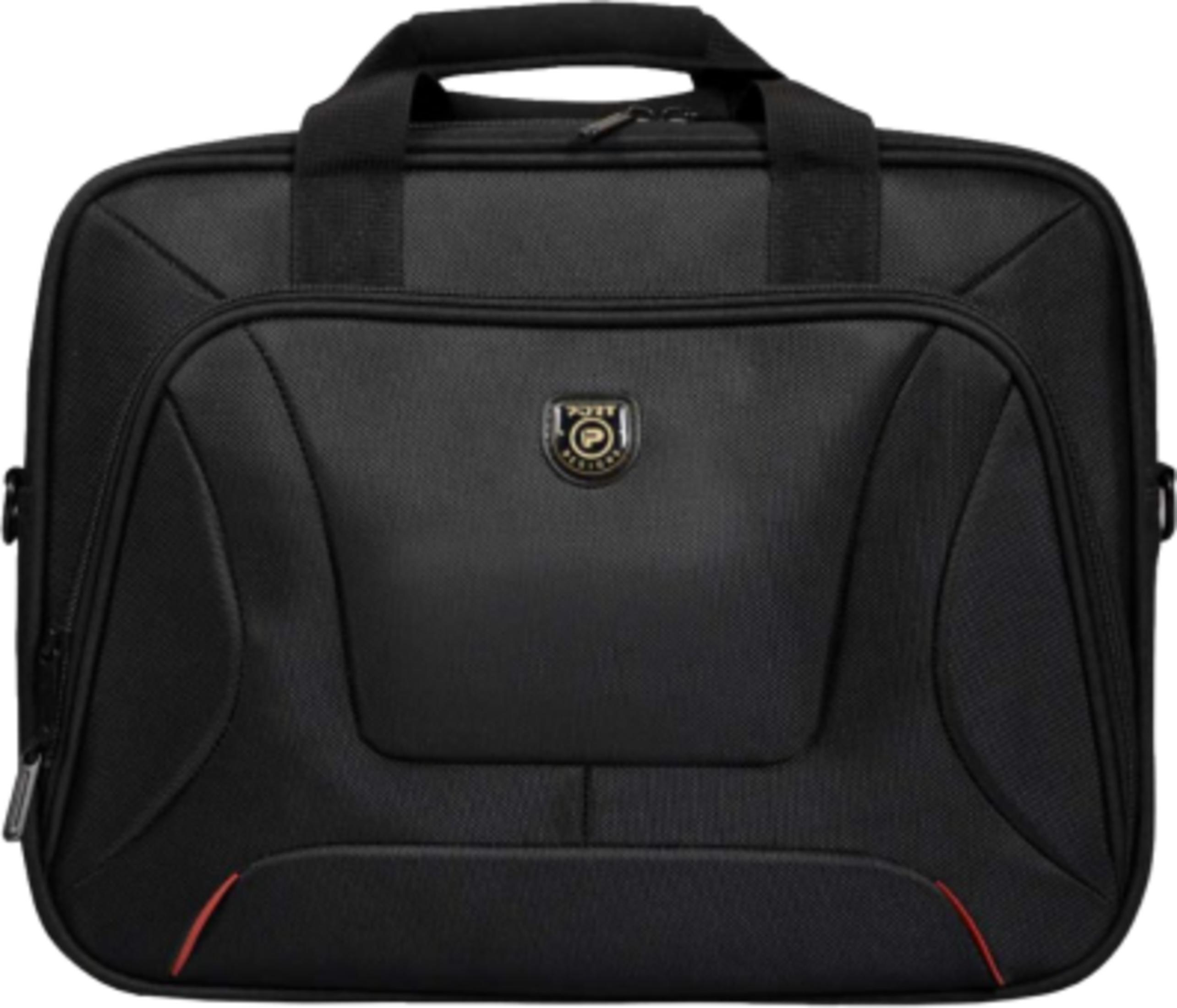 Borsa nera per laptop con manici e finiture rosse.