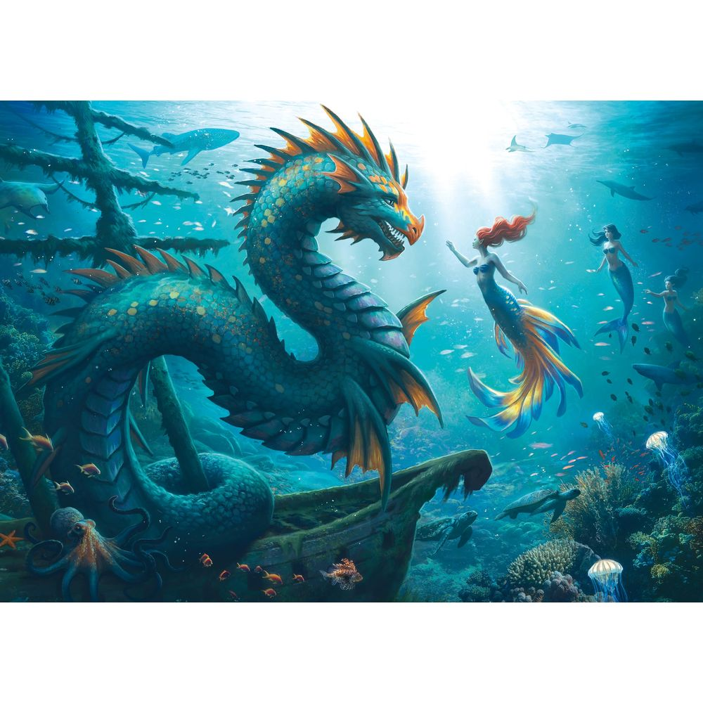 Un grand dragon vert nage avec des sirènes dans un récif corallien.