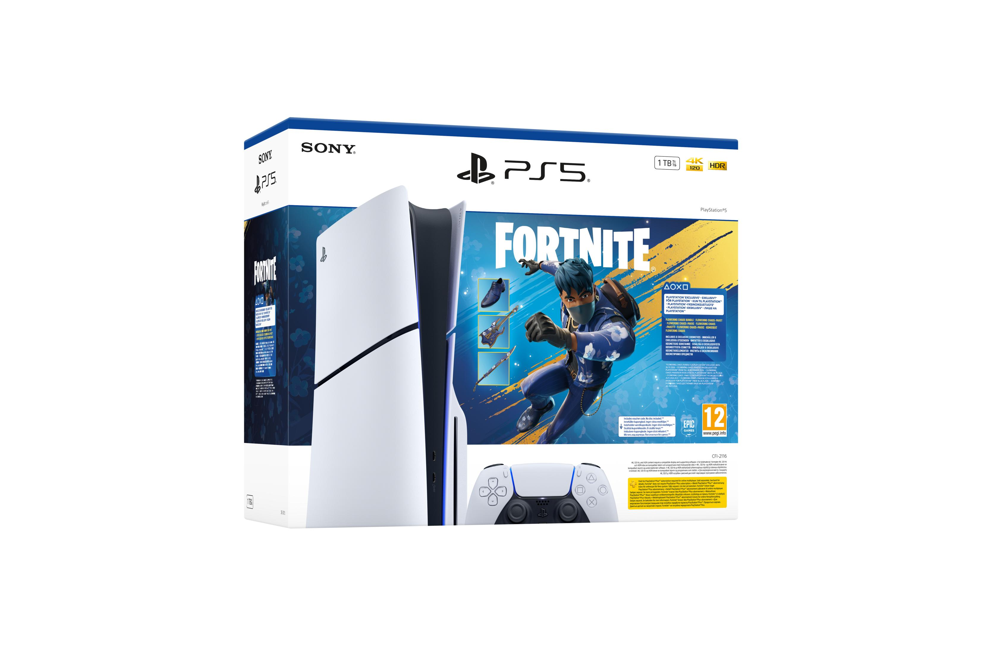 Consola PlayStation 5 en paquete Fortnite con mando y juego. Blanco y azul.