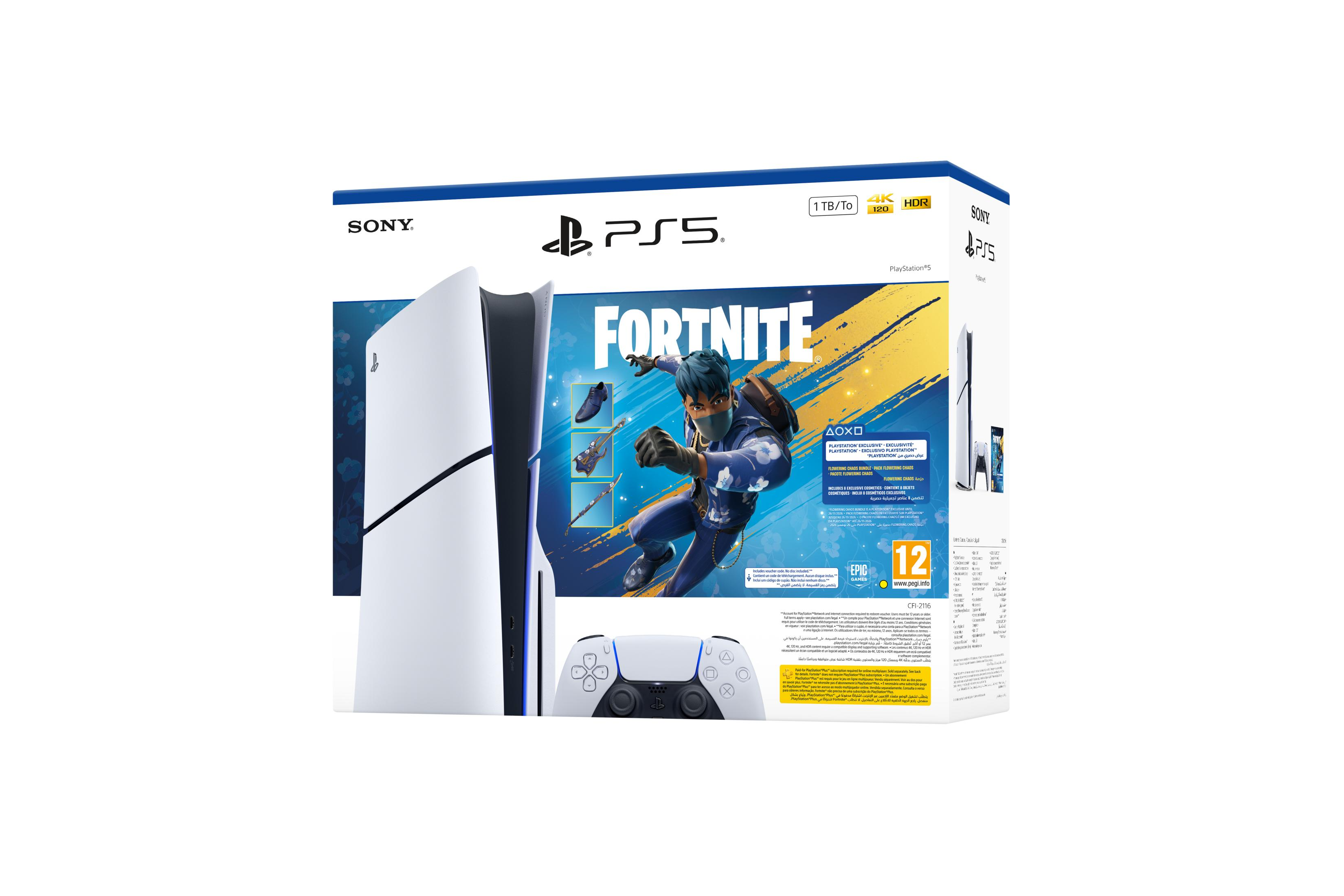 Consola PlayStation 5 con pack Fortnite, mando y arte del juego.