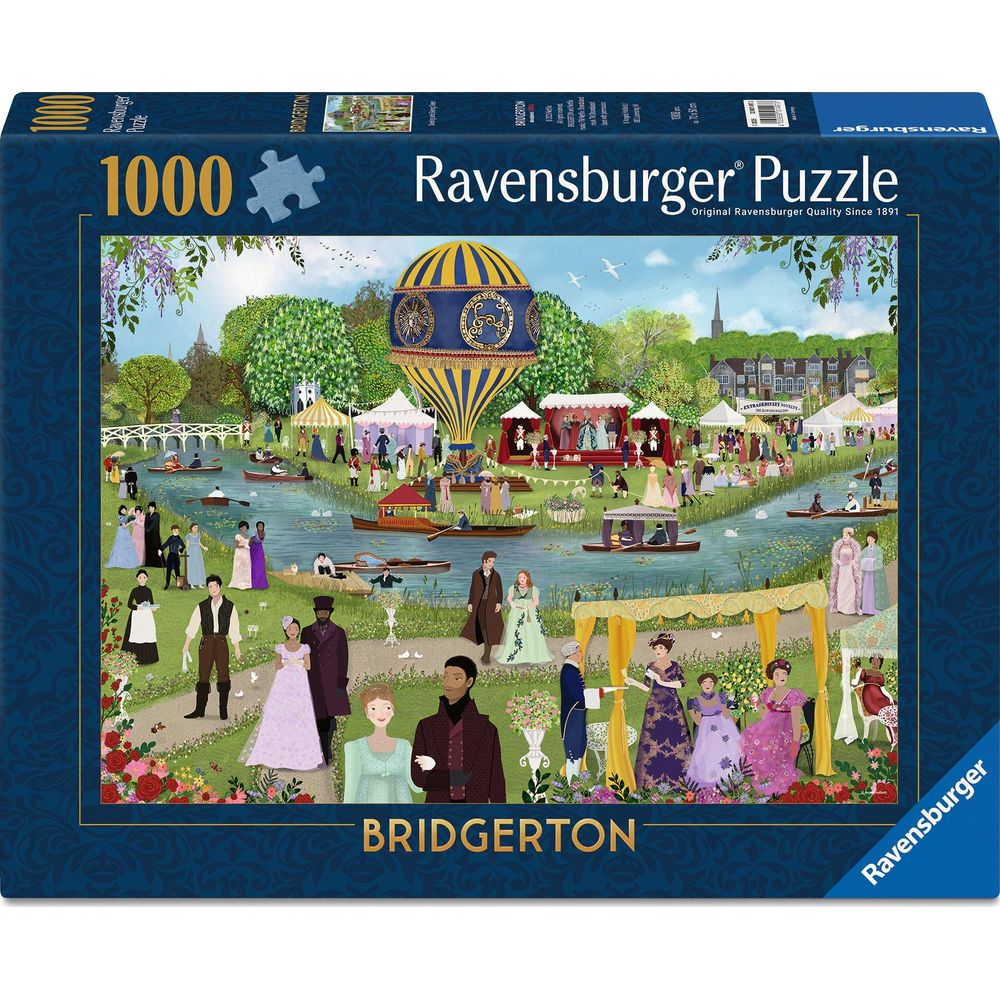 Puzzle Bridgerton: Raduno all'aperto vicino a un fiume con mongolfiera, barche e persone.