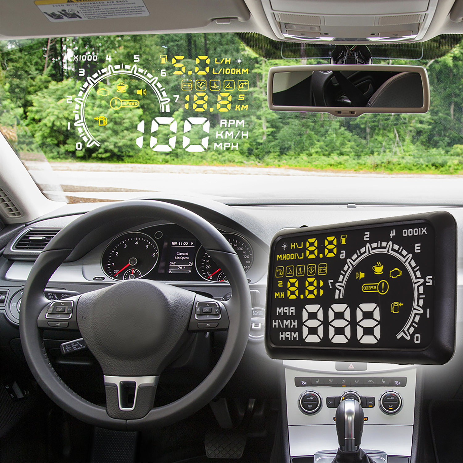 Moderne Autoanzeige mit Tachometer, Drehzahlmesser und Navigationsinfos.