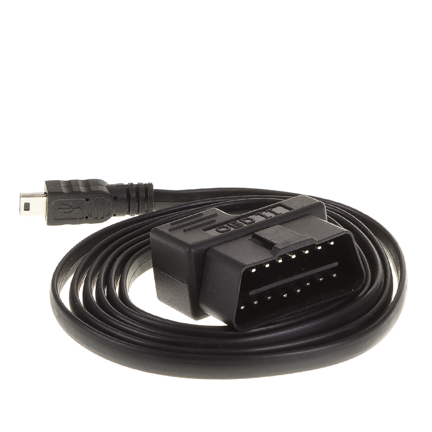 Schwarzes Diagnosekabel mit USB- und OBD-II-Stecker, aufgerollt.