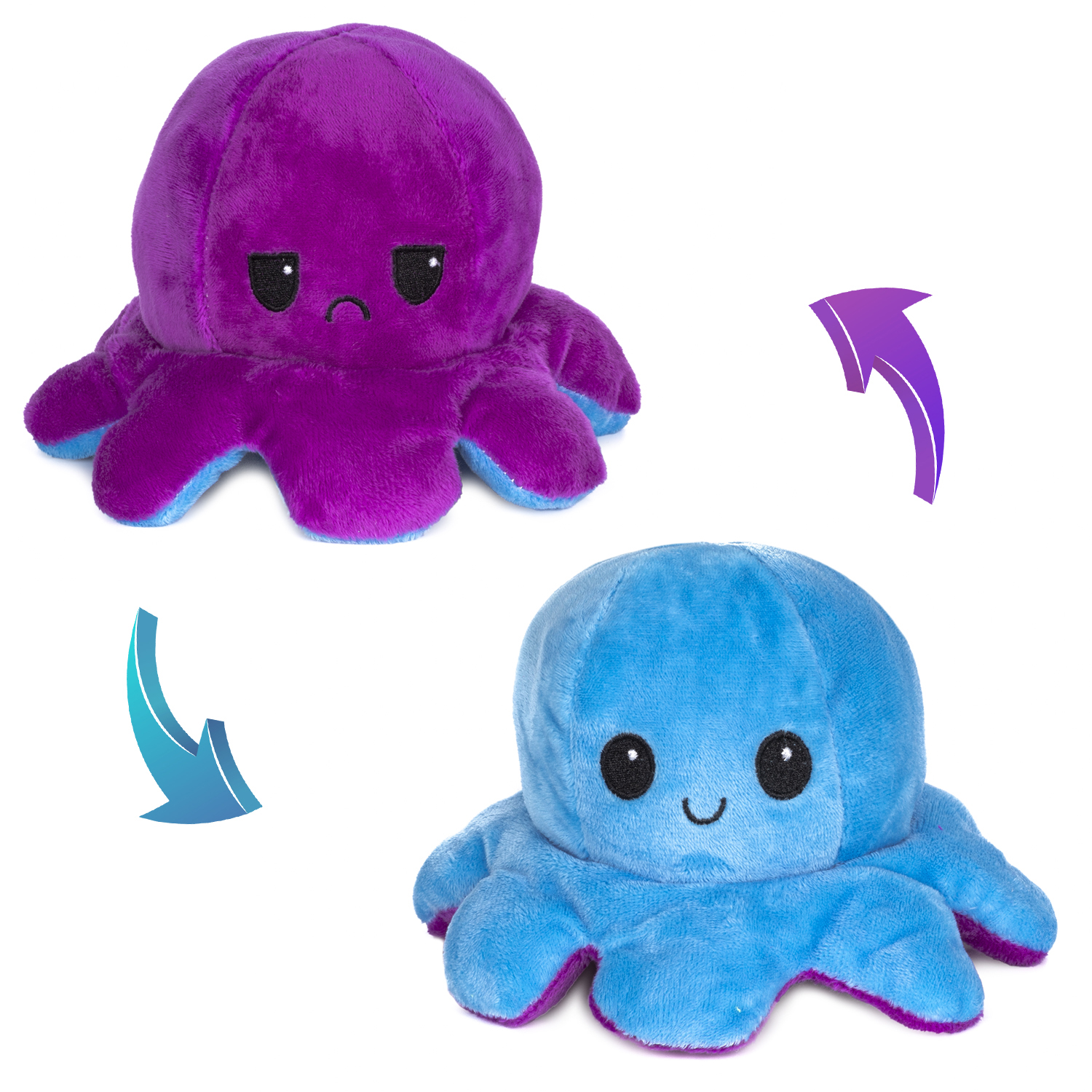 Dos peluches de pulpo reversibles, uno morado y triste, uno azul y feliz.