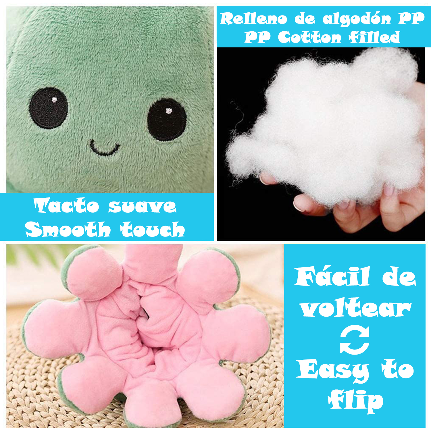 Un peluche verde con ojos negros y sonrisa, relleno de algodón.