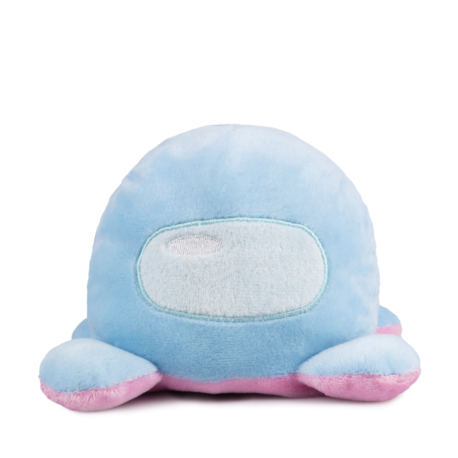 Un peluche azul con pies rosas y visera blanca.
