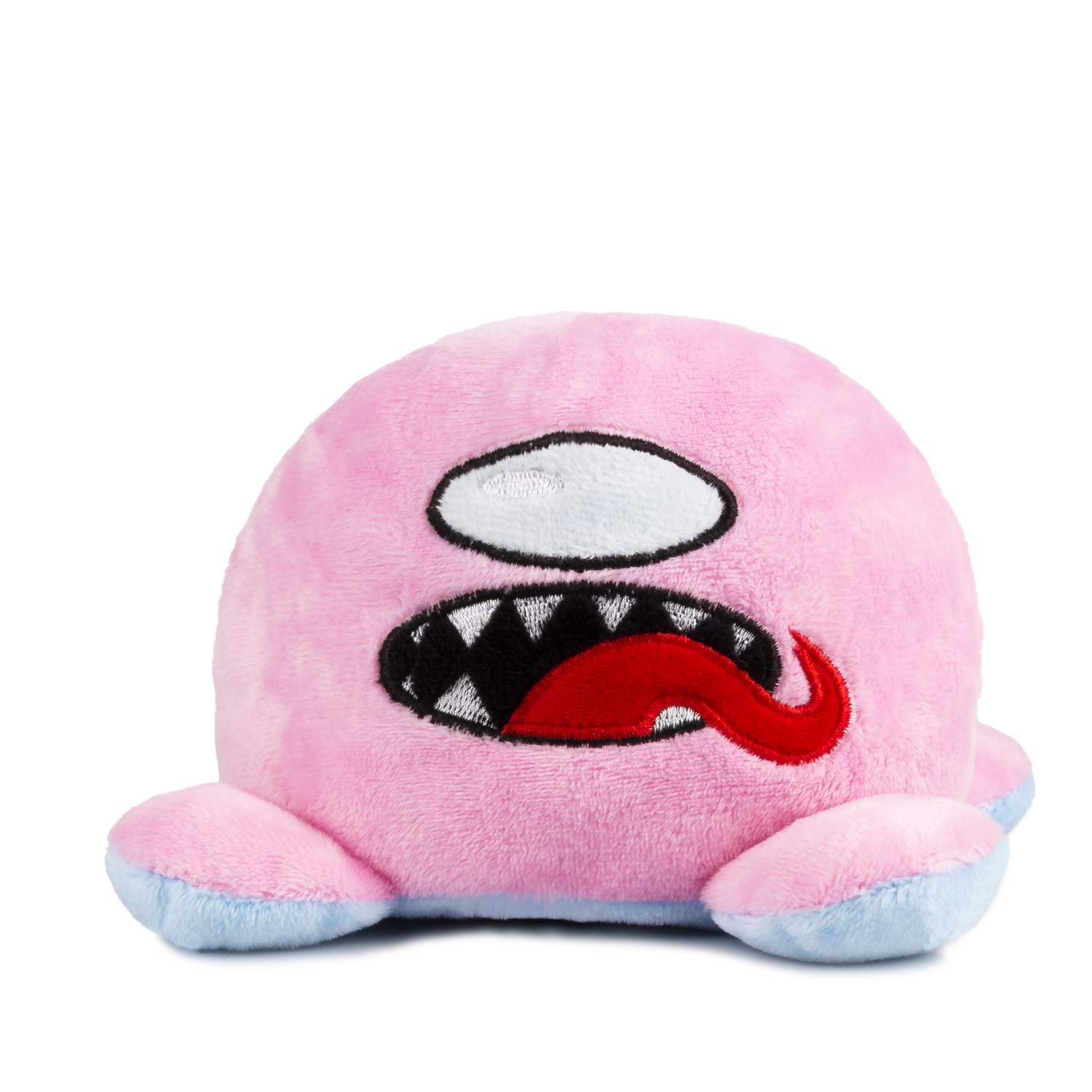Un peluche rosa con visera blanca y boca abierta mostrando dientes y lengua.