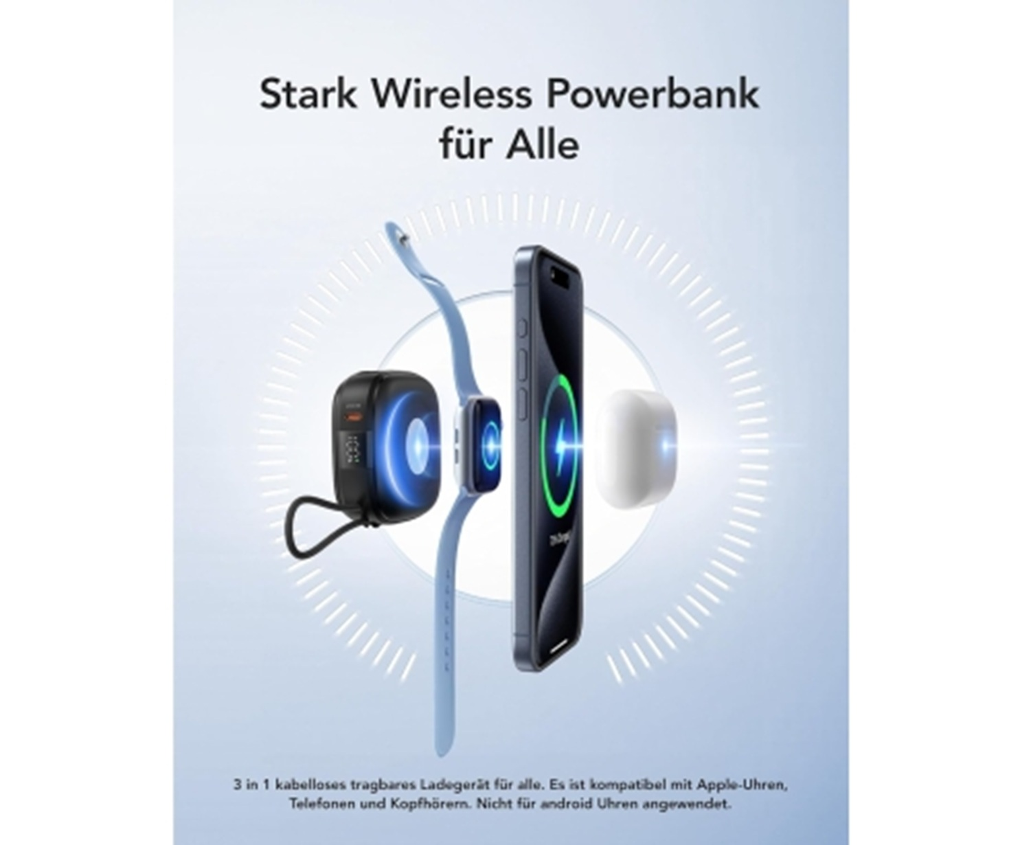 Powerbank wireless Stark con smartphone, smartwatch e cuffie nell'area di ricarica.