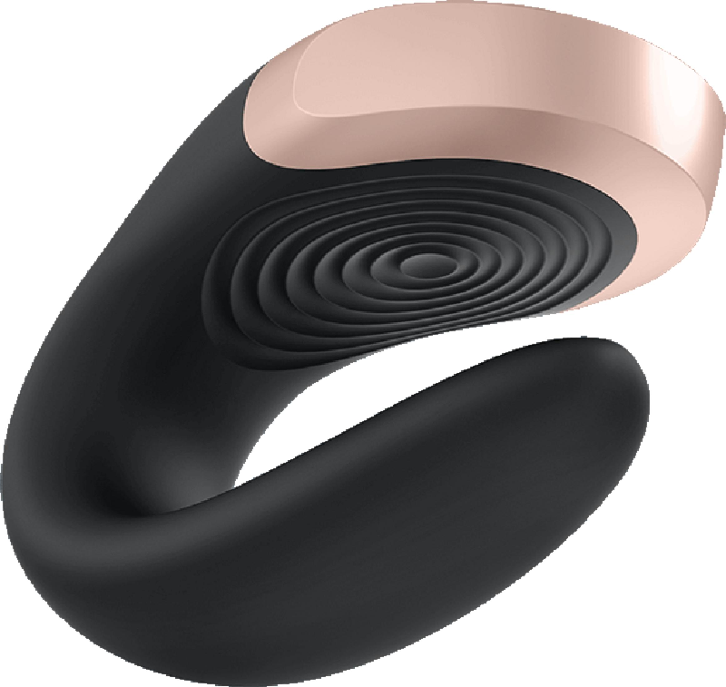 Czarny gadżet erotyczny z górnym pierścieniem w kolorze różowego złota.