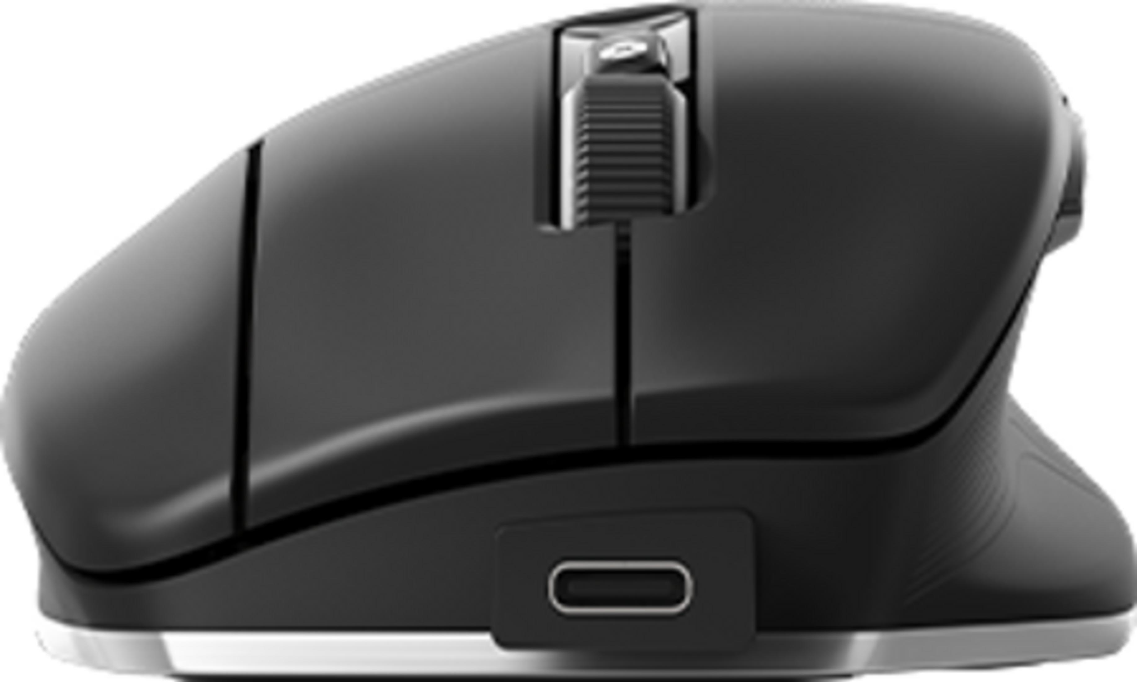 Schwarze Computermaus mit Scrollrad und USB-C-Anschluss, Seitenansicht.