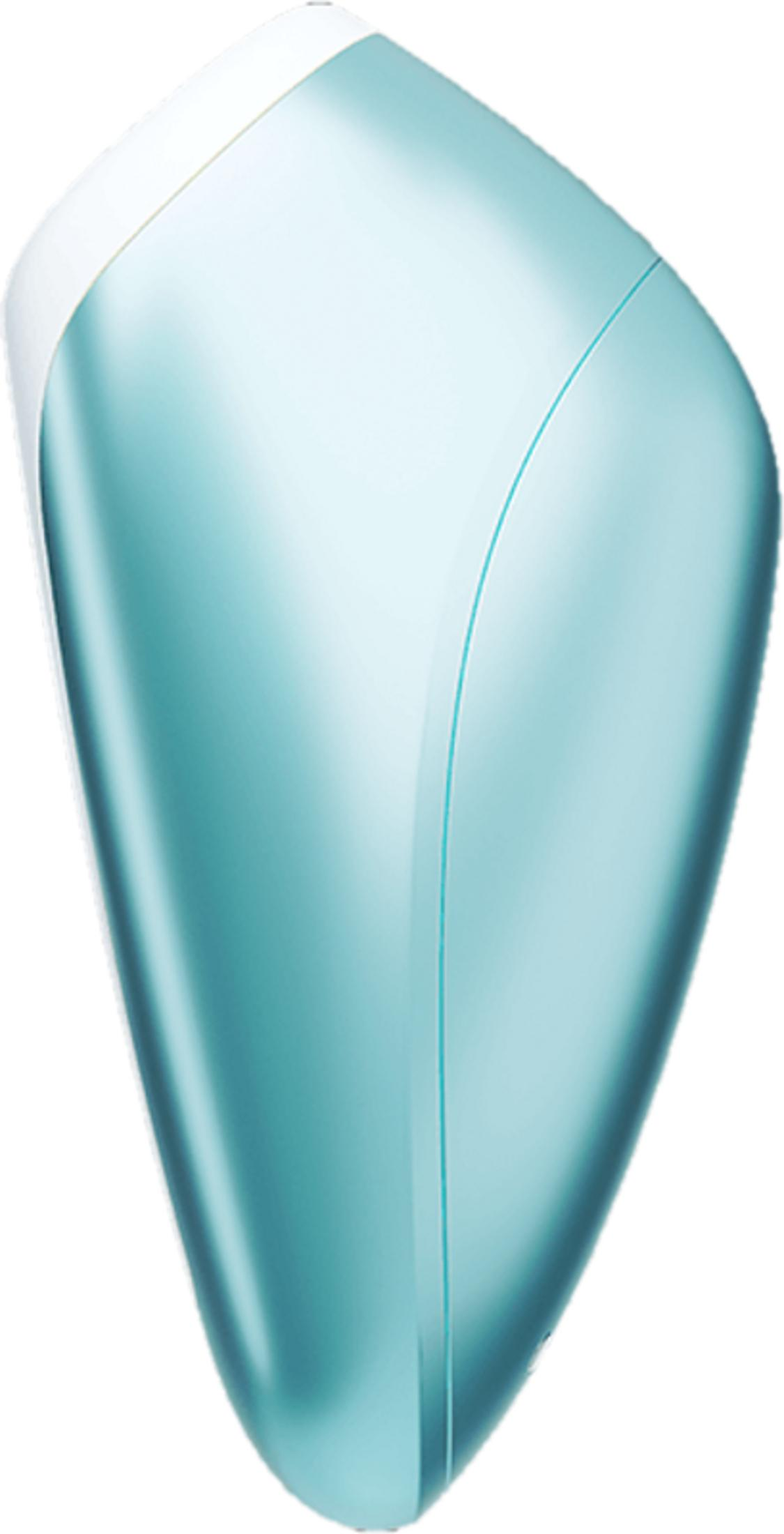 Akwamarynowy, w kształcie kropli obiekt z białą górą.