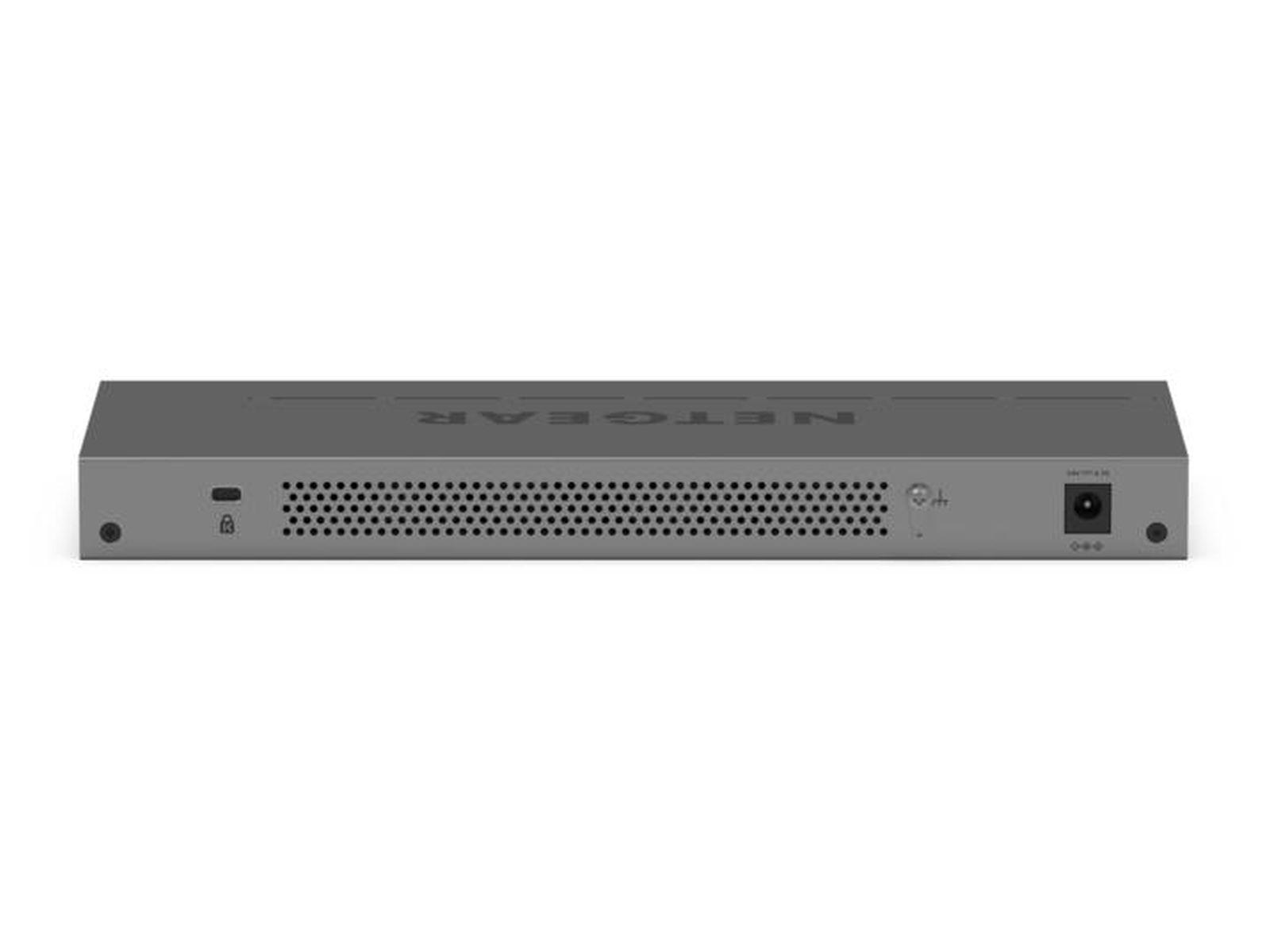 Switch di rete grigio con prese d'aria, porte e logo NETGEAR.