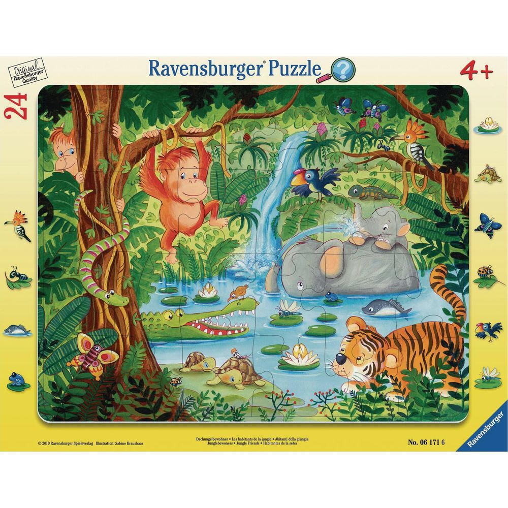 Un colorato puzzle della giungla con scimmia, elefante, tigre e coccodrillo.