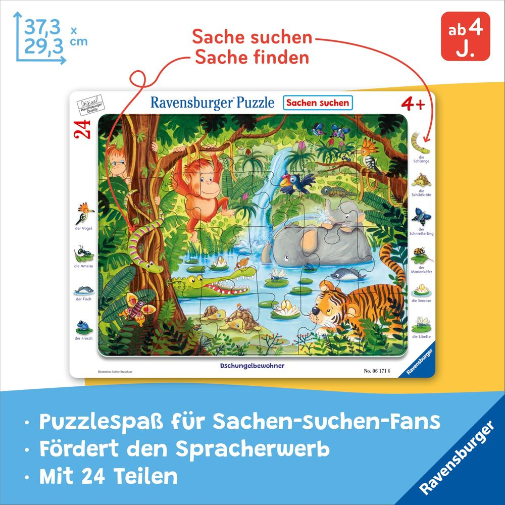 Puzzle giungla con animali, cascata e bambini. 24 pezzi, dai 4 anni.