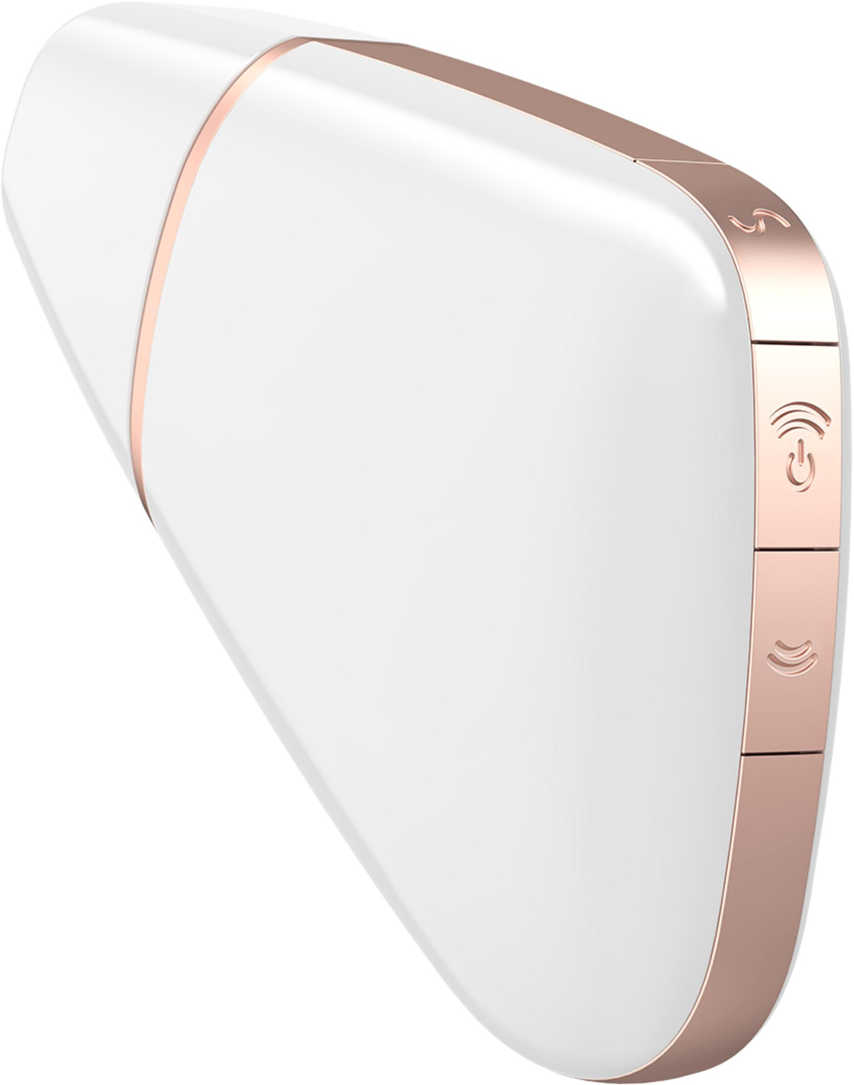 Białe urządzenie z akcentami i przyciskami w kolorze różowego złota.