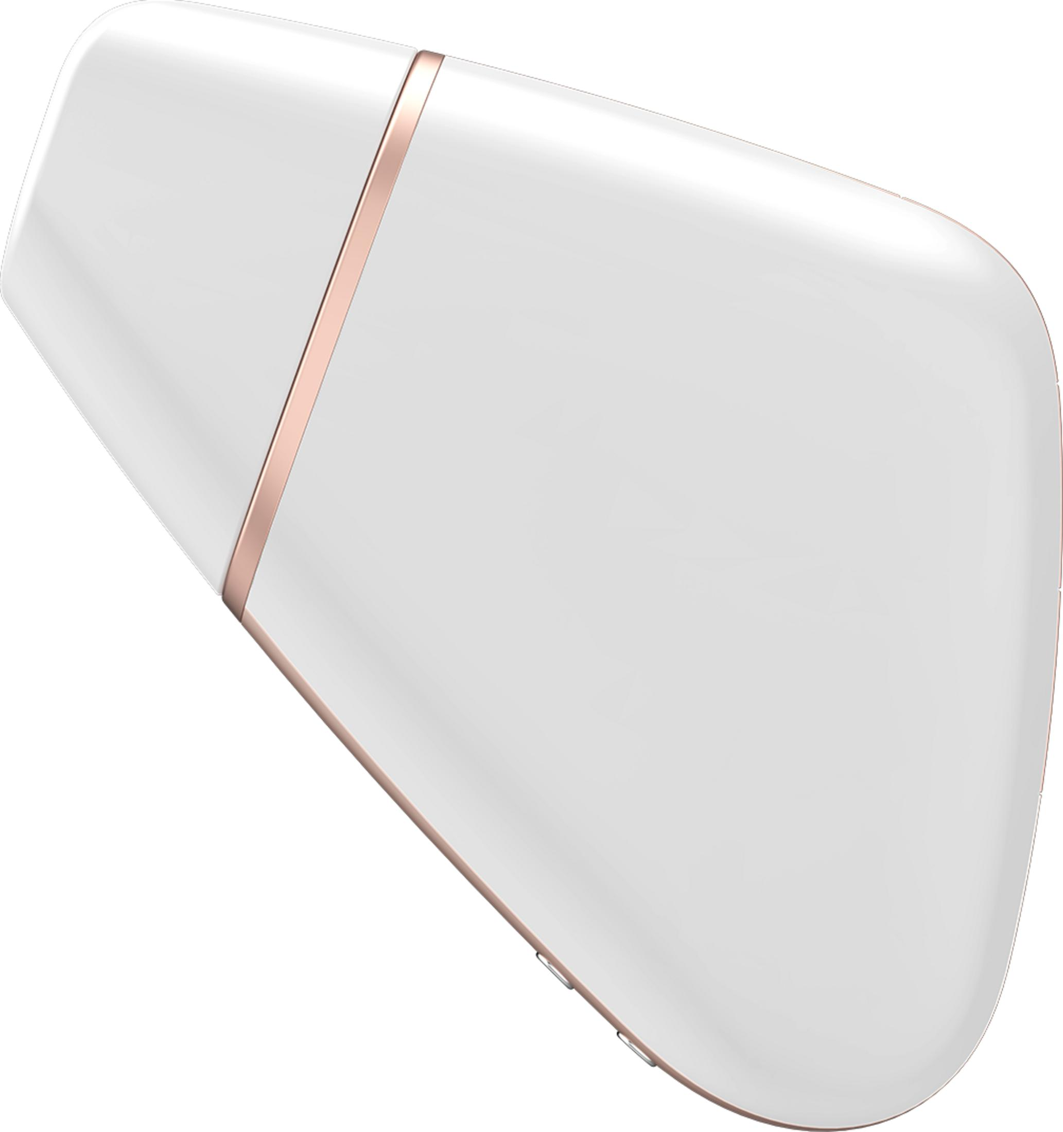 Gładki, biały przedmiot z różowo-złotym wykończeniem i małymi przyciskami.