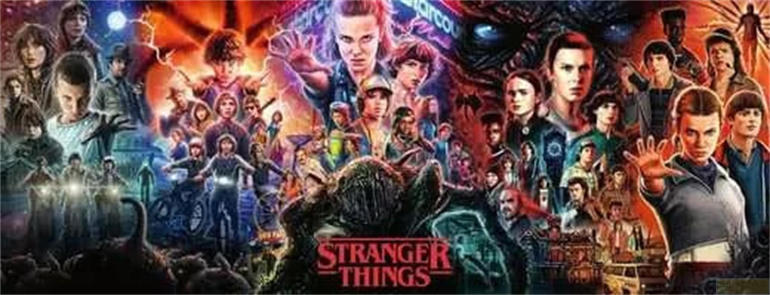 Collage der Stranger Things-Charaktere, Monster und des Titels.