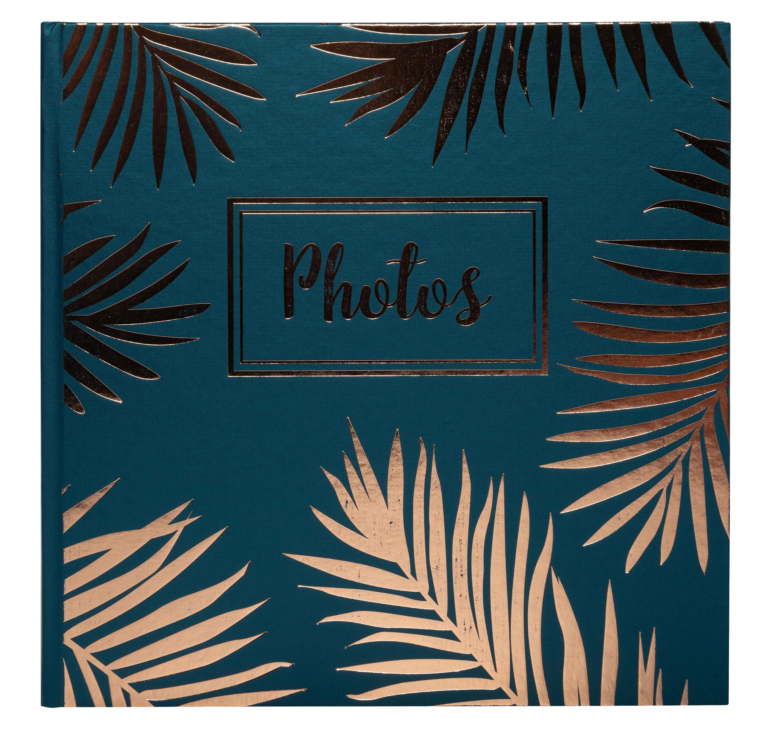 Un album fotografico blu con foglie di palma dorate e la parola Fotos.