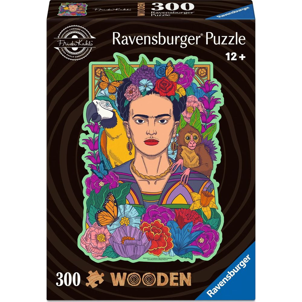 Puzzle Frida Kahlo con pappagallo e scimmia, circondata da fiori e farfalle.