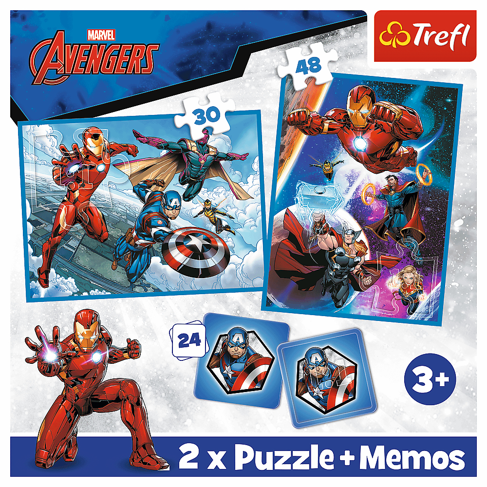 Puzzle i gra memo Marvel Avengers: Iron Man, Kapitan Ameryka, Thor, Vision.