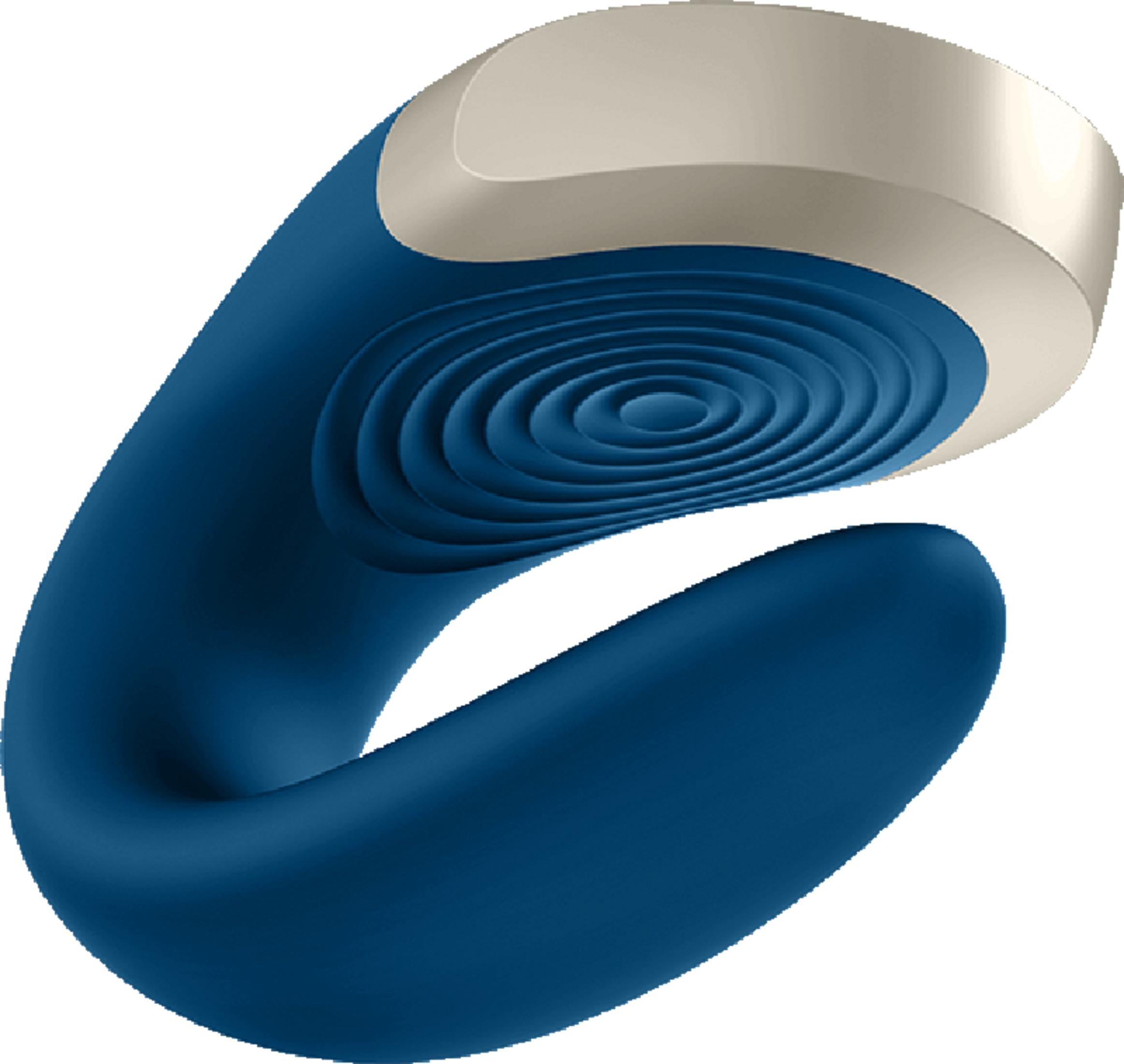 Niebieski, zakrzywiony przedmiot z kremową nakładką i prążkowaną teksturą.