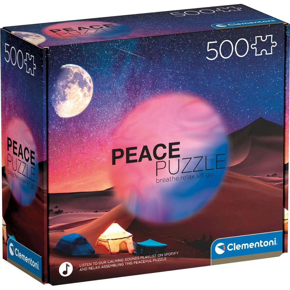 Verpackung eines 500-Teile-Puzzles mit Wüstenszene und Mond.