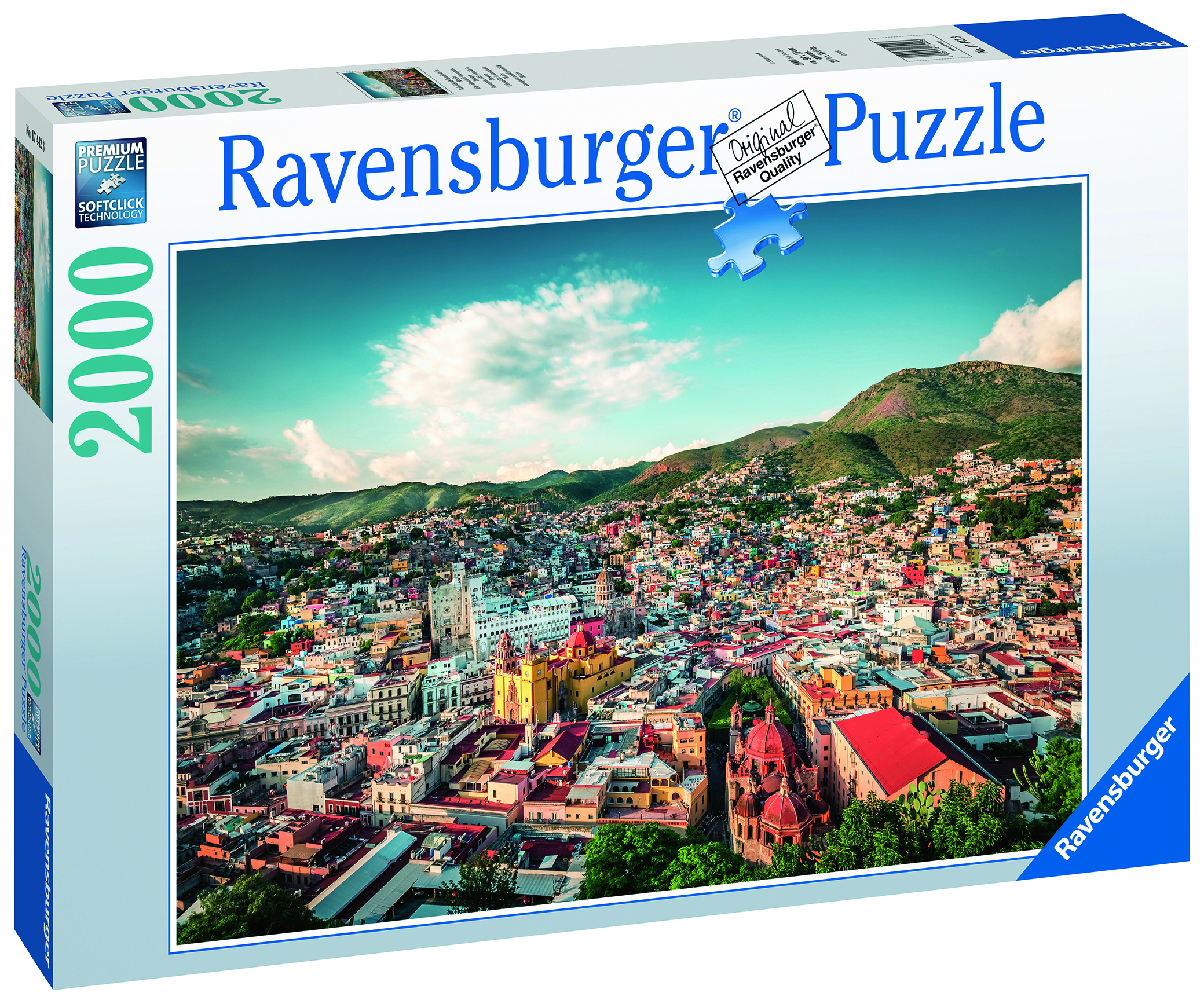 Puzzle Ravensburger da 2000 pezzi con vista di città colorata.