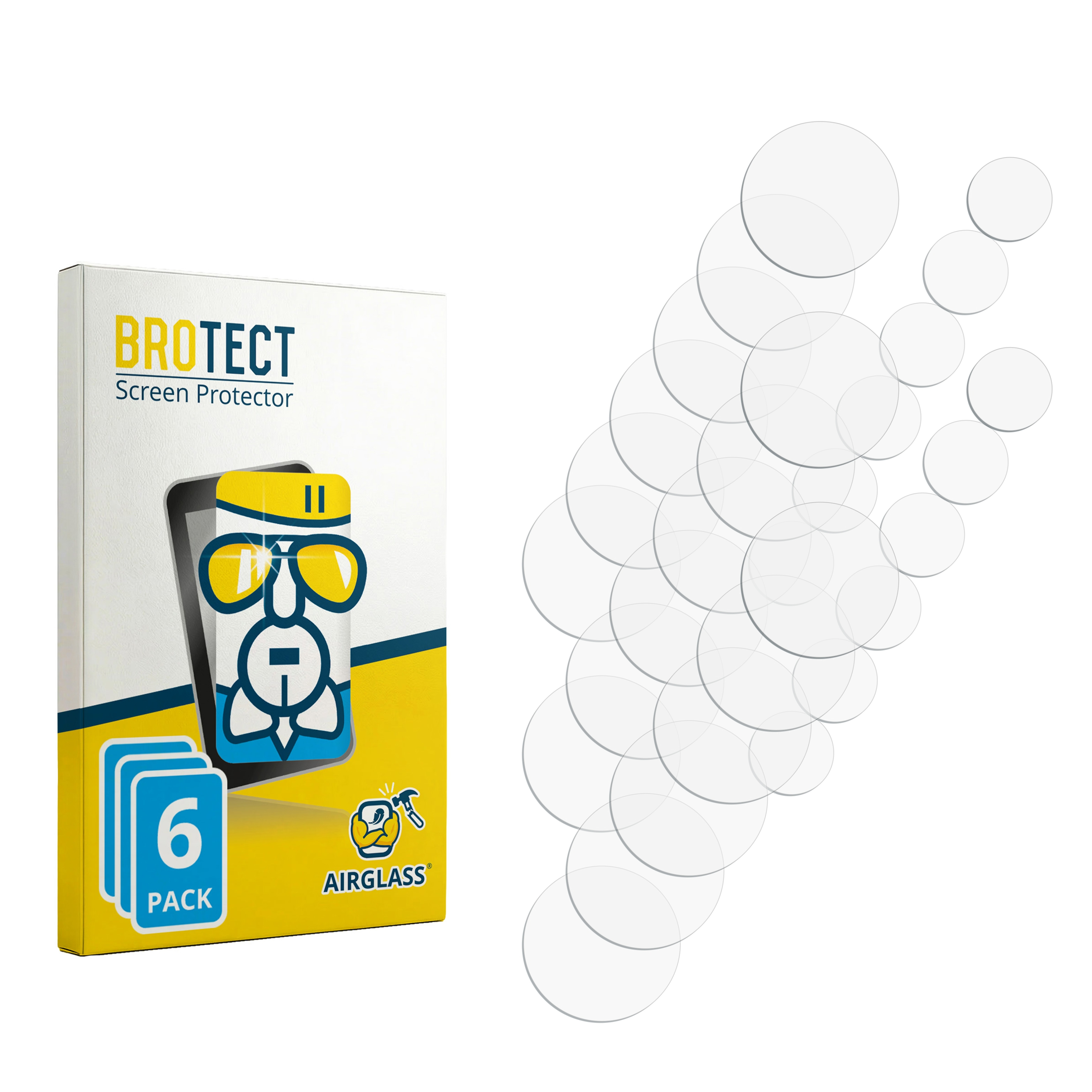 Verpackung für BROTECT Displayschutzfolien mit 6 Stück, daneben viele runde Folien.