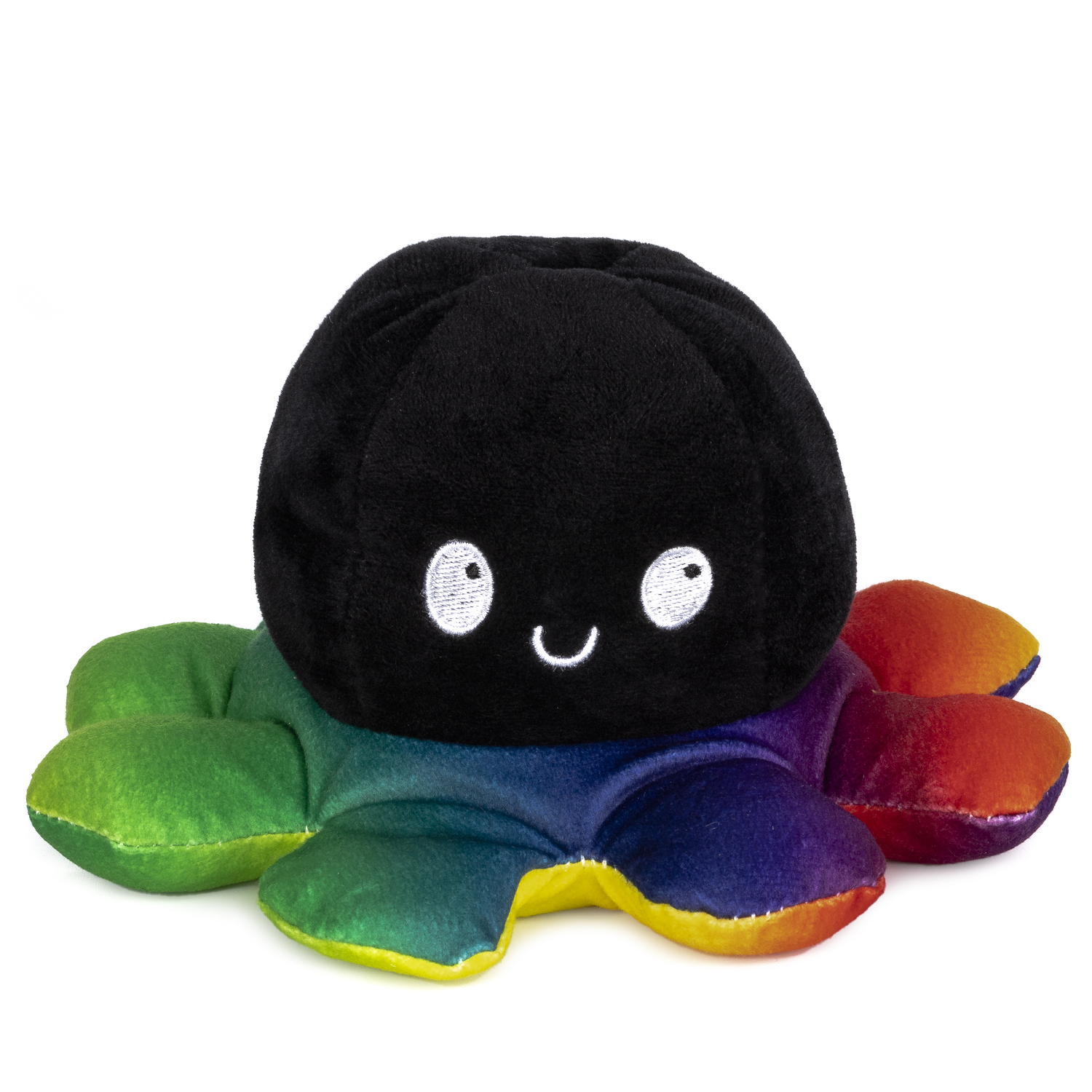 Un pulpo de peluche negro con brazos de arcoíris y cara sonriente.