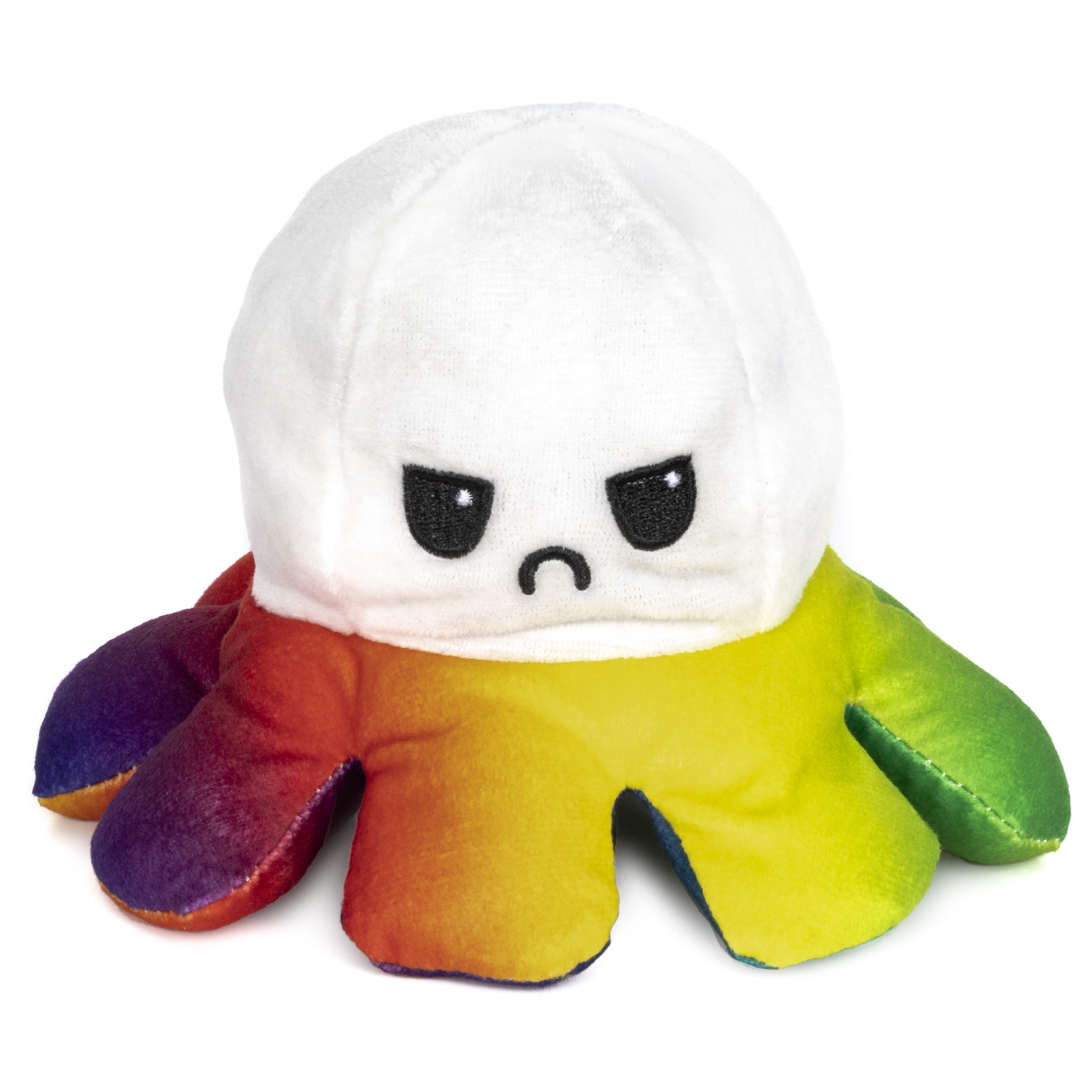 Un pulpo de peluche blanco con cara de enfado y tentáculos arcoíris.