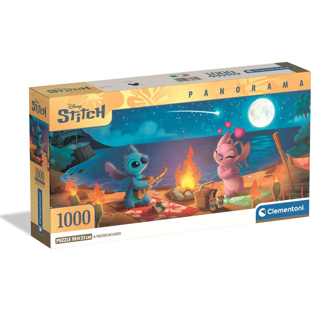 Stitch und Angel am Strand bei Nacht, spielen Gitarre und tanzen.