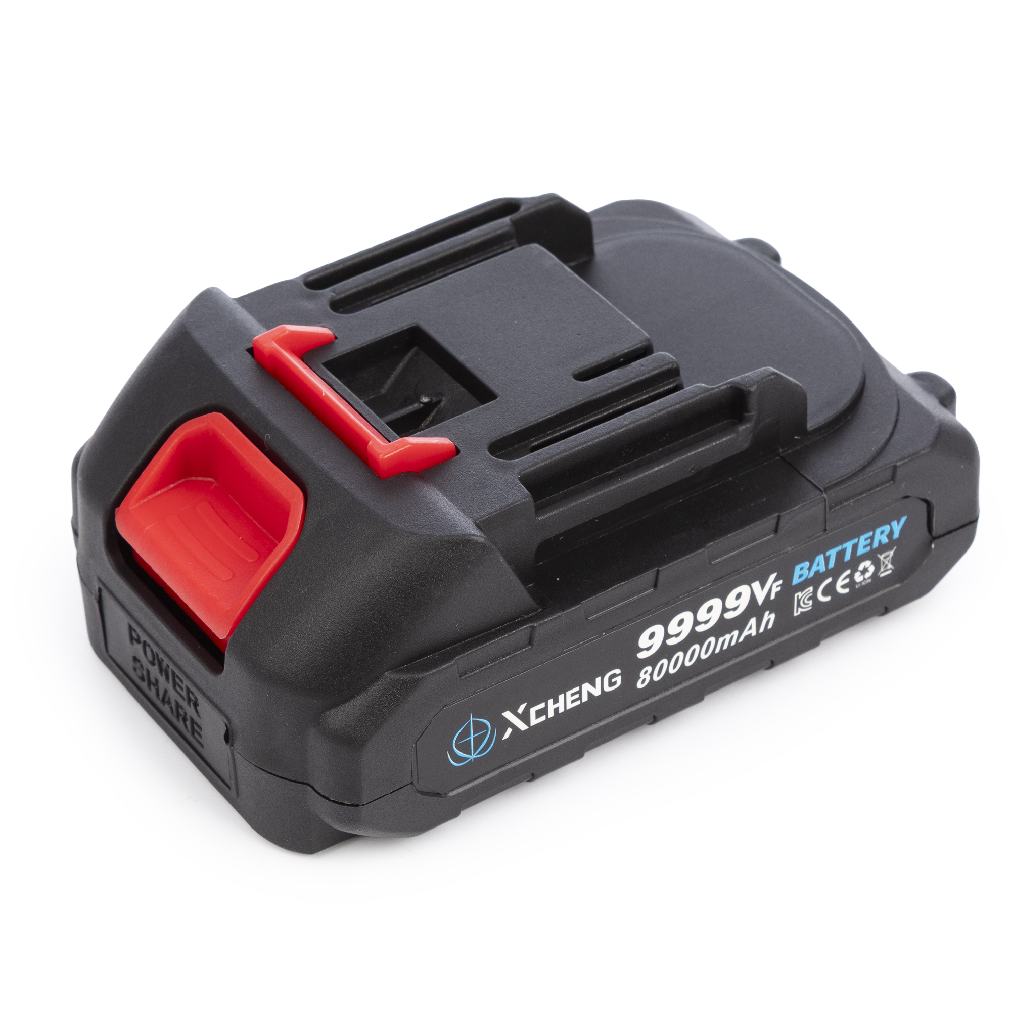 Batteria nera con pulsanti di rilascio rossi, etichettata 99999V, 80000mAh.
