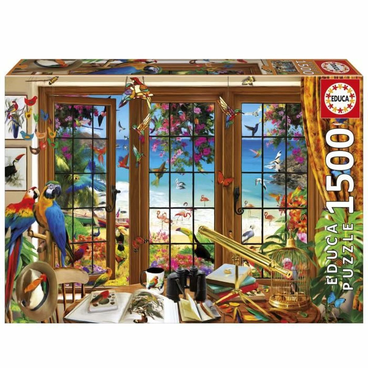 Ein Fenster mit Blick auf einen tropischen Strand, voller Papageien, Kolibris und Flamingos.