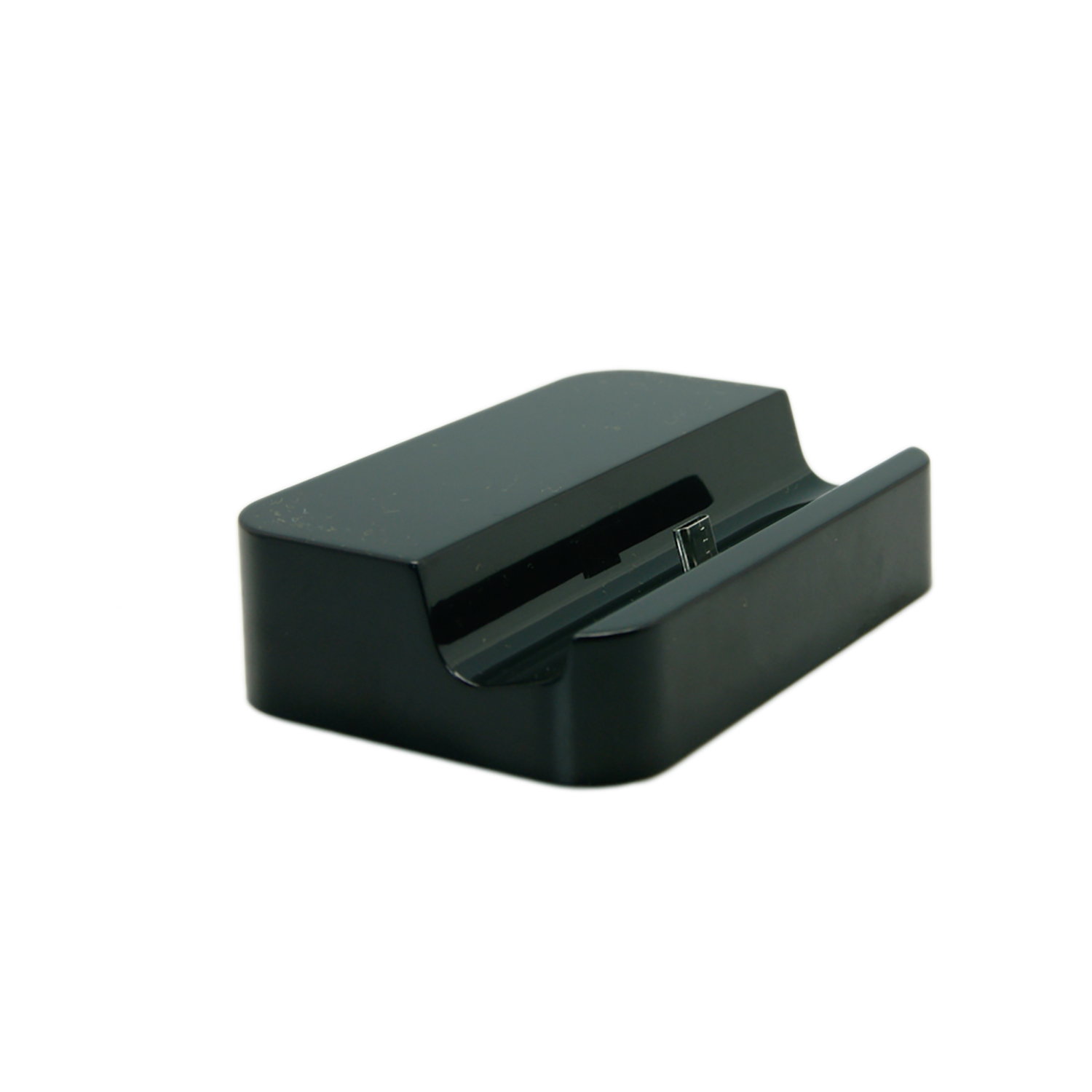 Un soporte de carga negro con puerto USB-C se muestra sobre fondo blanco.