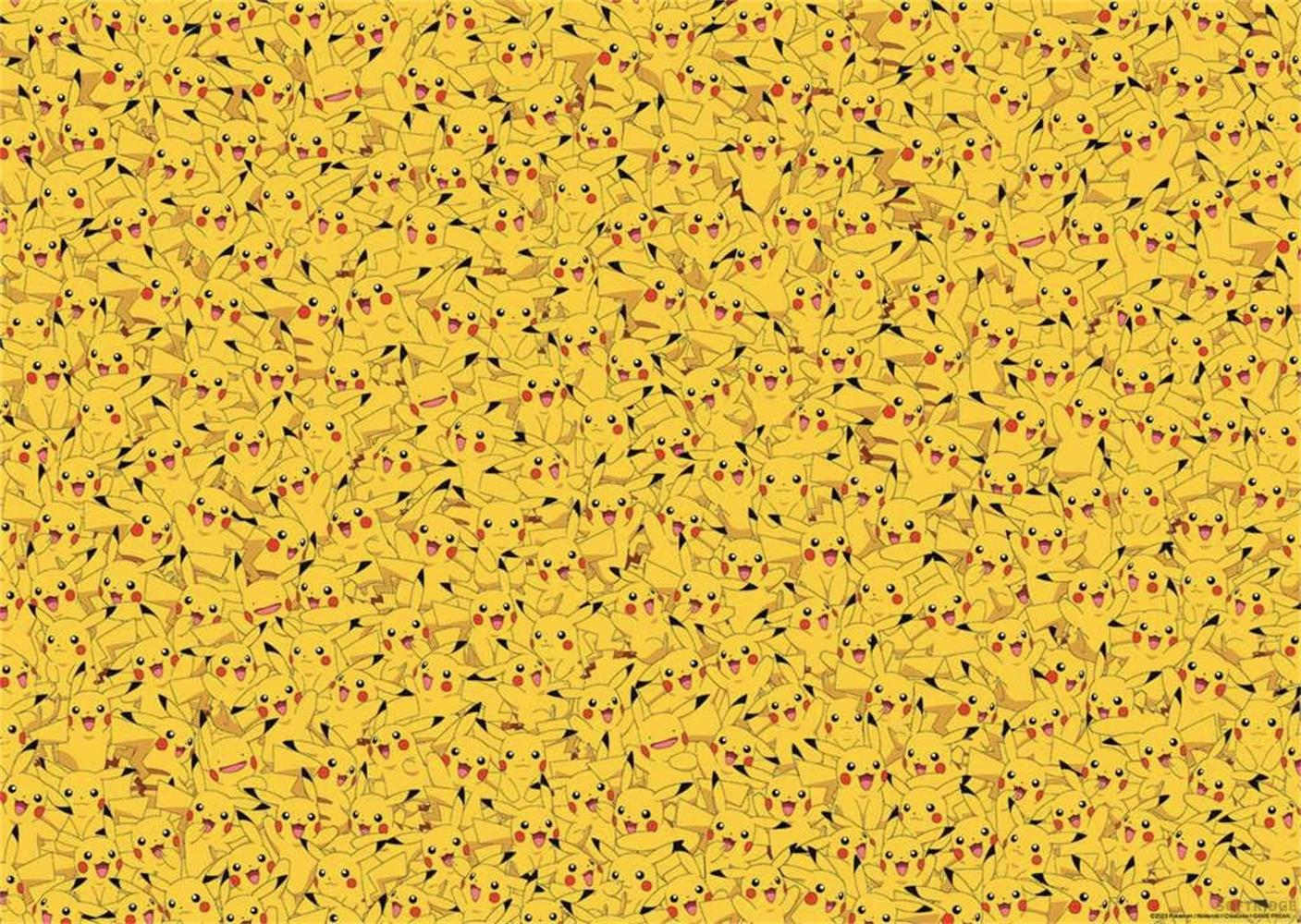 Wiele żółtych Pikachu z czerwonymi policzkami i czarnymi uszami na żółtym tle.
