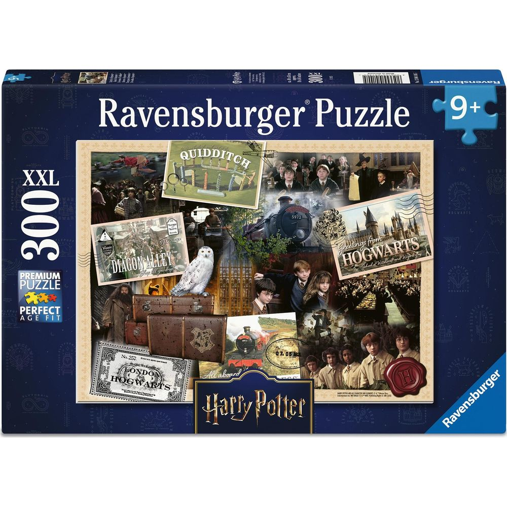 Scatola puzzle Ravensburger Harry Potter con scene: treno, Hogwarts, Quidditch, Diagon Alley, personaggi.