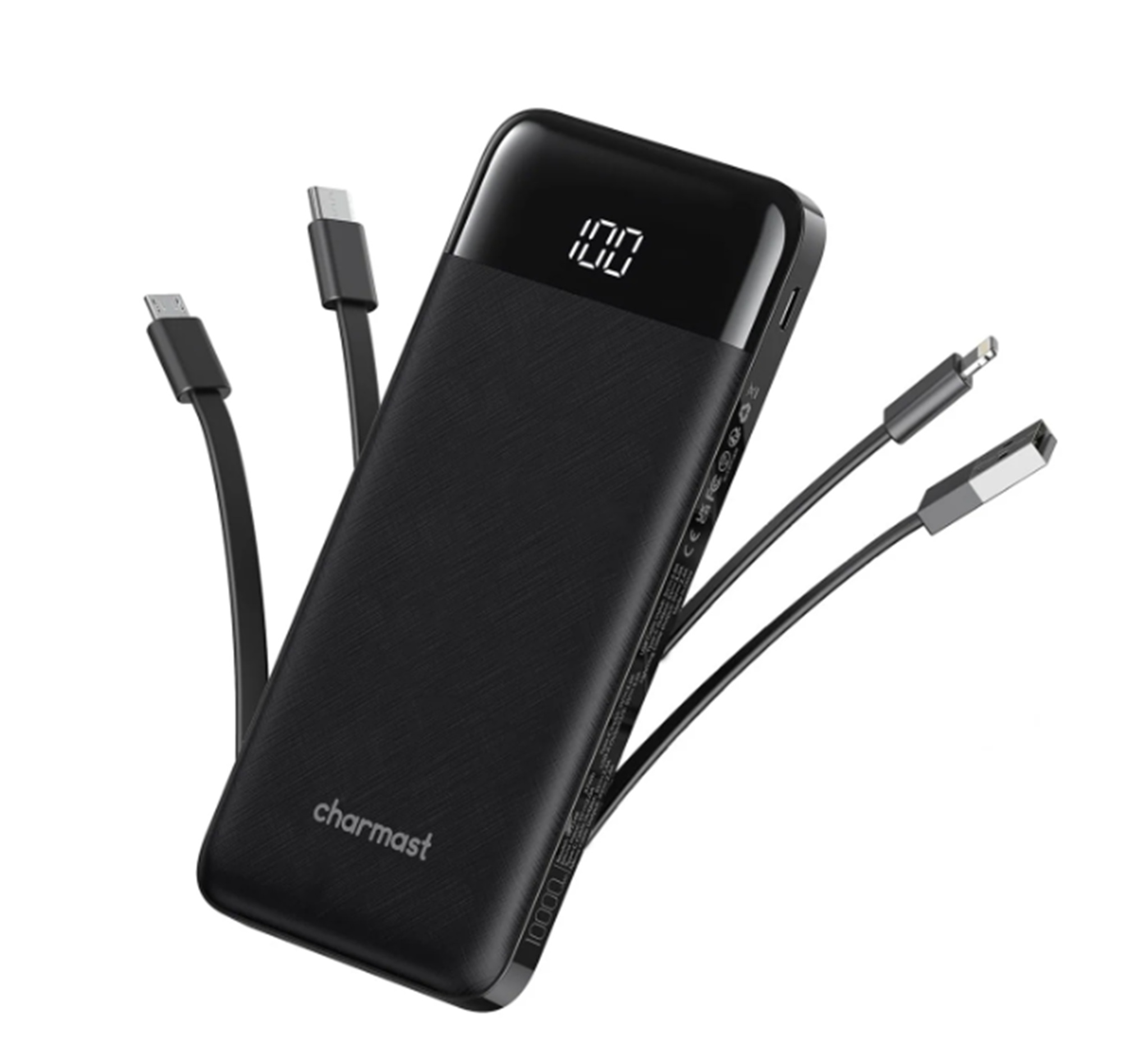 Power bank Charmast negra con 100% de carga y tres cables.