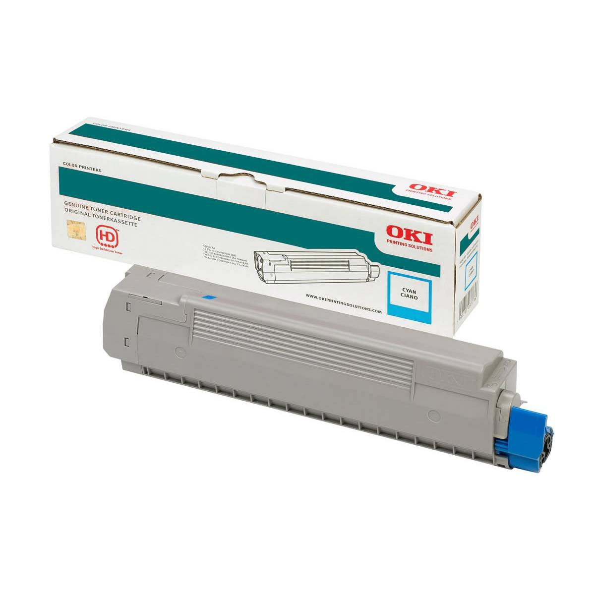 Gri OKI camgöbeği toner kartuşu ve renkli yazıcı kutusu.