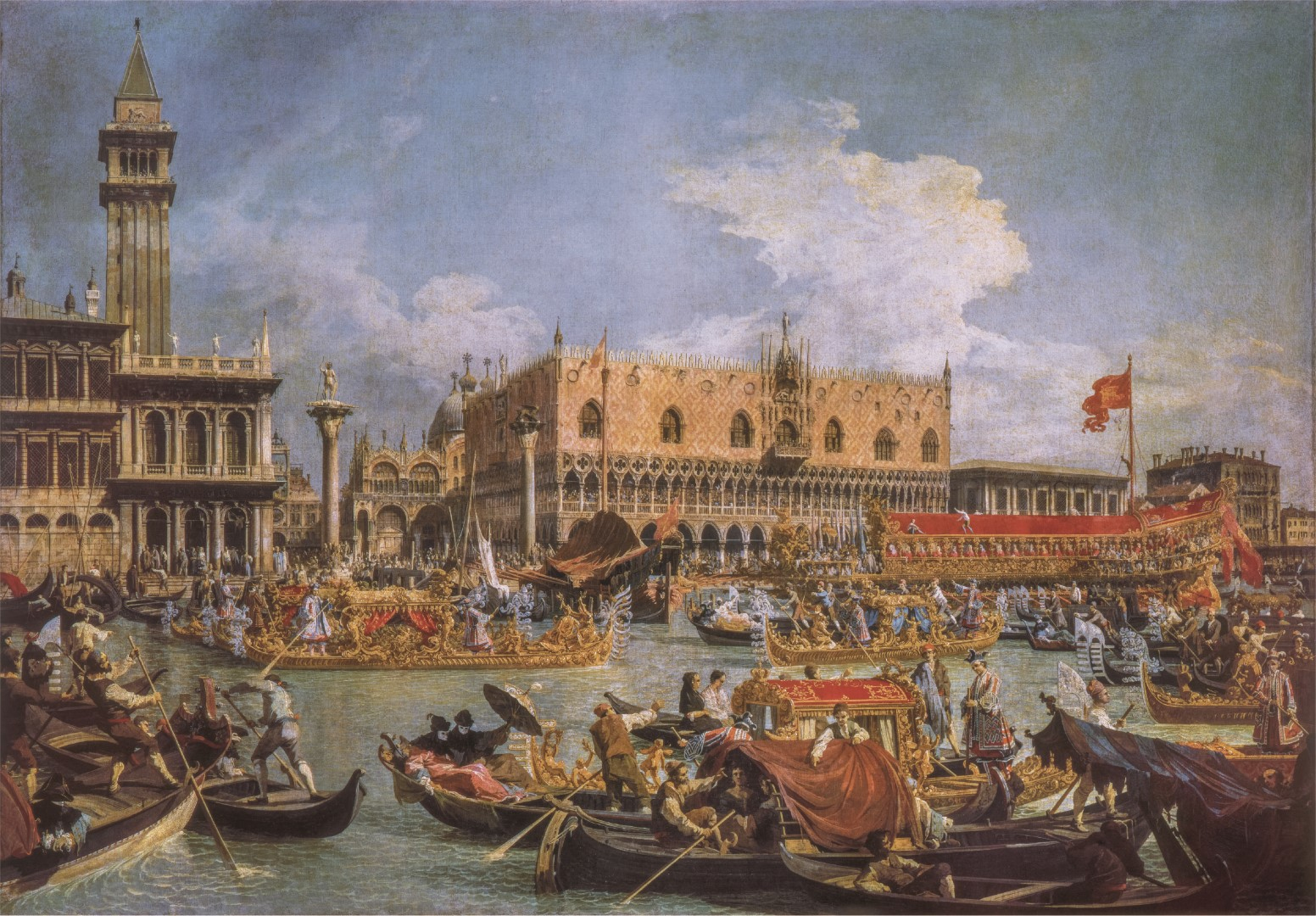 Une procession festive sur l'eau devant le Palais des Doges avec de nombreux bateaux et personnes.