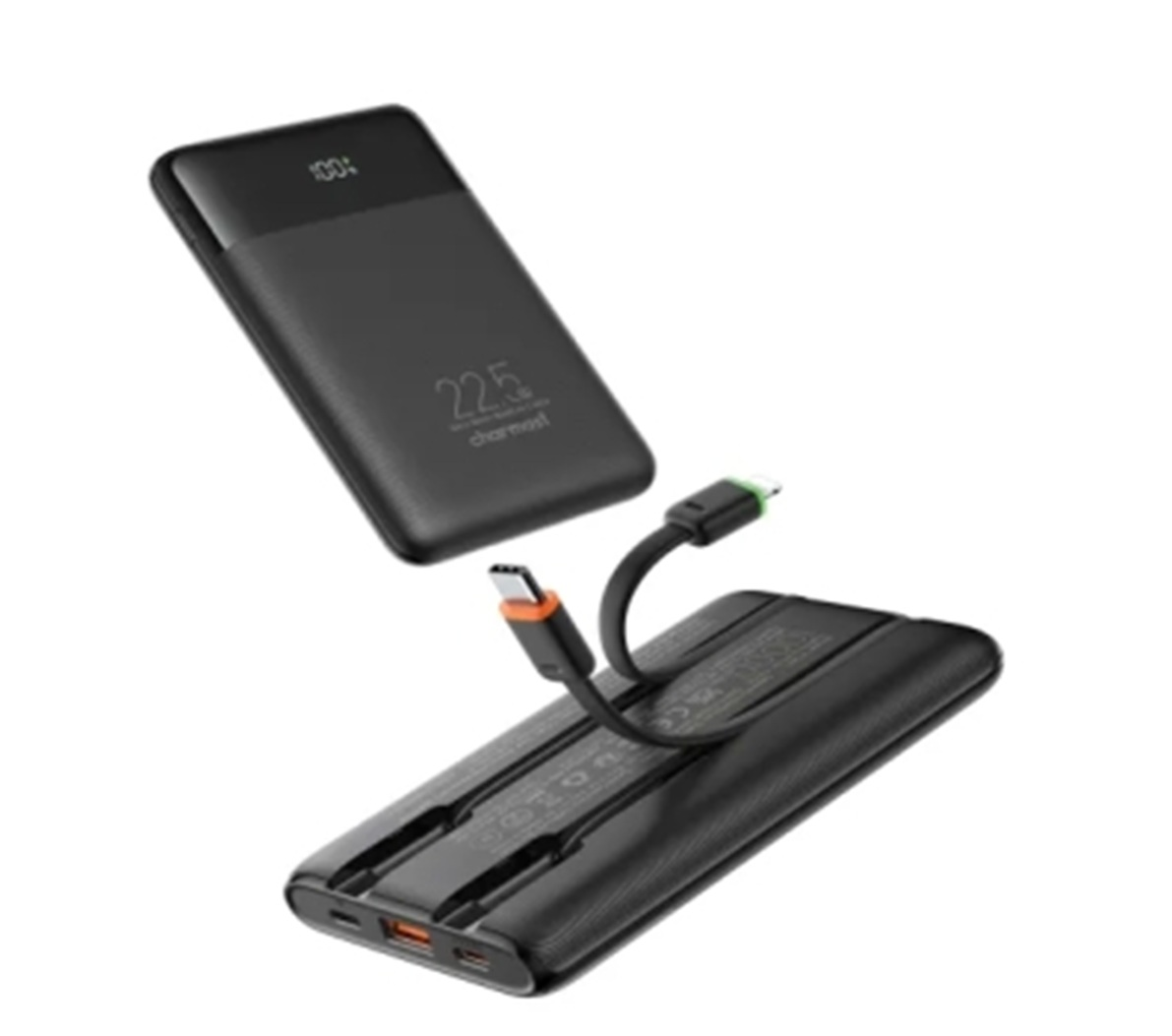 Due power bank nere con cavi, una mostra il 100%.