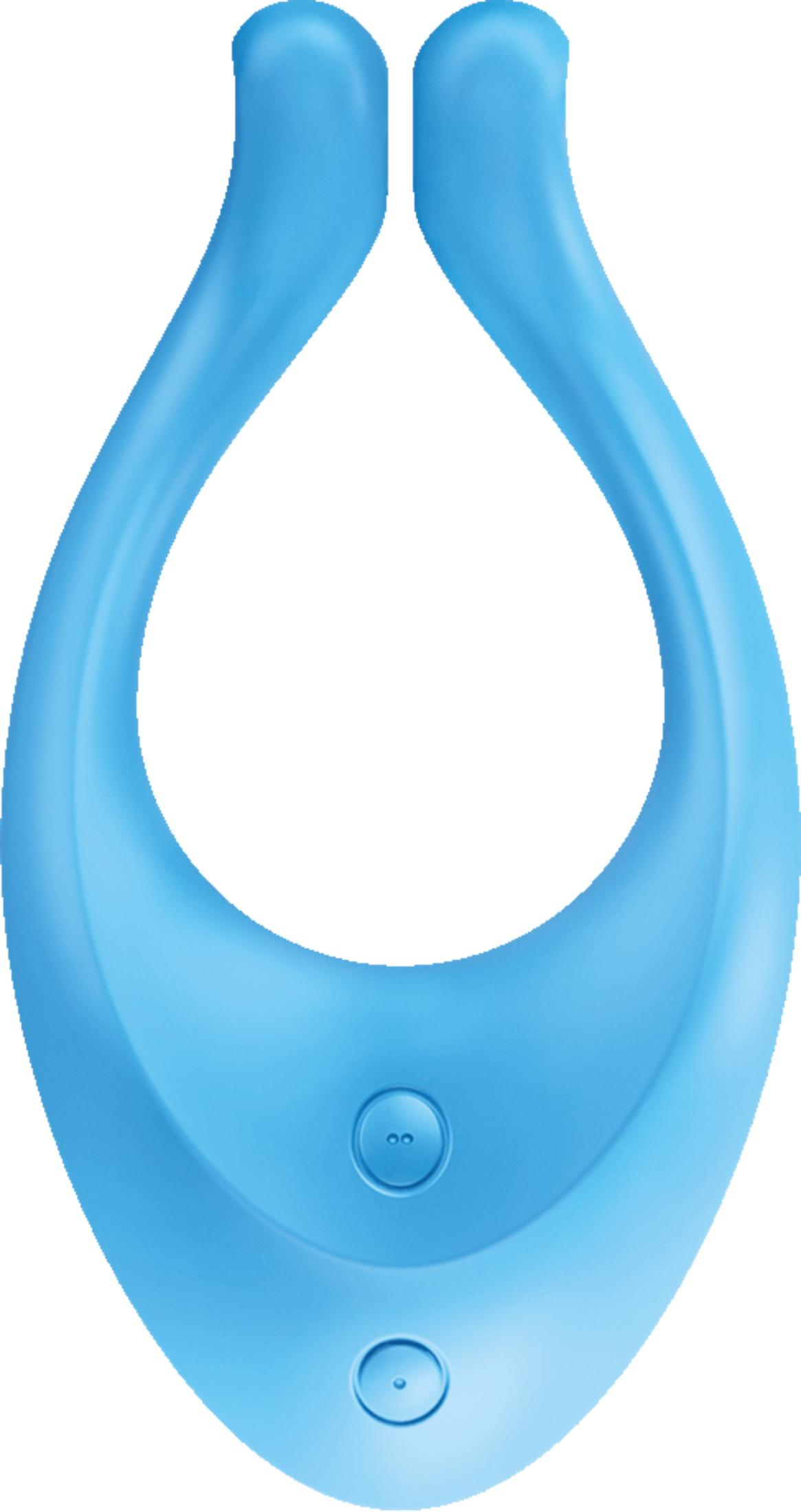 Jasnoniebieskie urządzenie w kształcie łzy z dwoma przyciskami na dole.