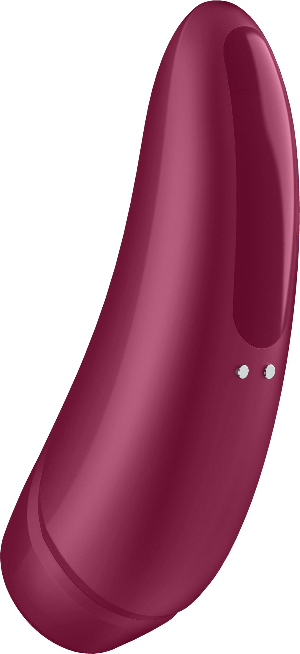 Gładki, zakrzywiony, bordowy kształt wibratora z dwoma małymi srebrnymi przyciskami.