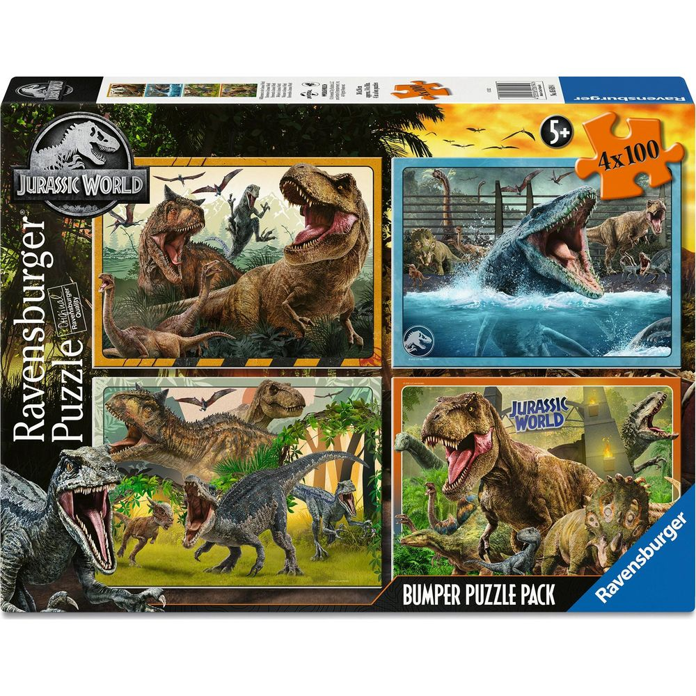 Boîte présentant quatre puzzles Jurassic World représentant des dinosaures.